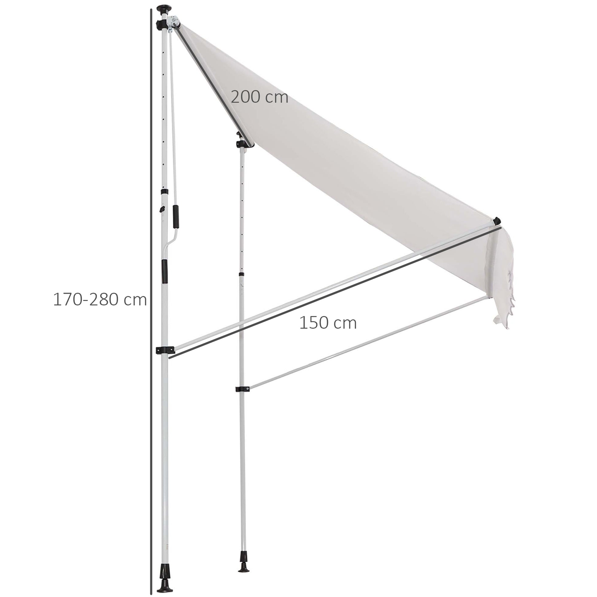 Outsunny Toldo Manual Retráctil 2x1,5 m Toldo Exterior Terraza Enrollable Altura Ajustable con Manivela 170-280 cm Sin Taladro para Balcón Jardín Blanco
