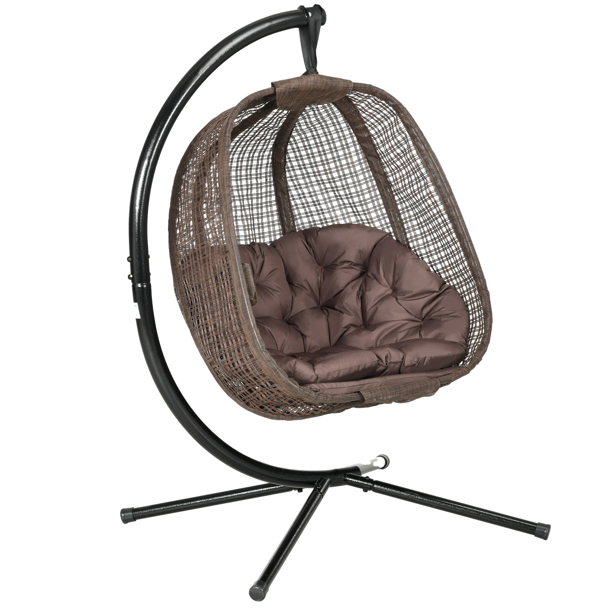 Outsunny Silla Colgante con Efecto Imitación Ratán Sillón Colgante con Soporte de Acero Cesta Plegable Bolsa de Taza y Cojines Carga 120 kg para Interior y Exterior Café