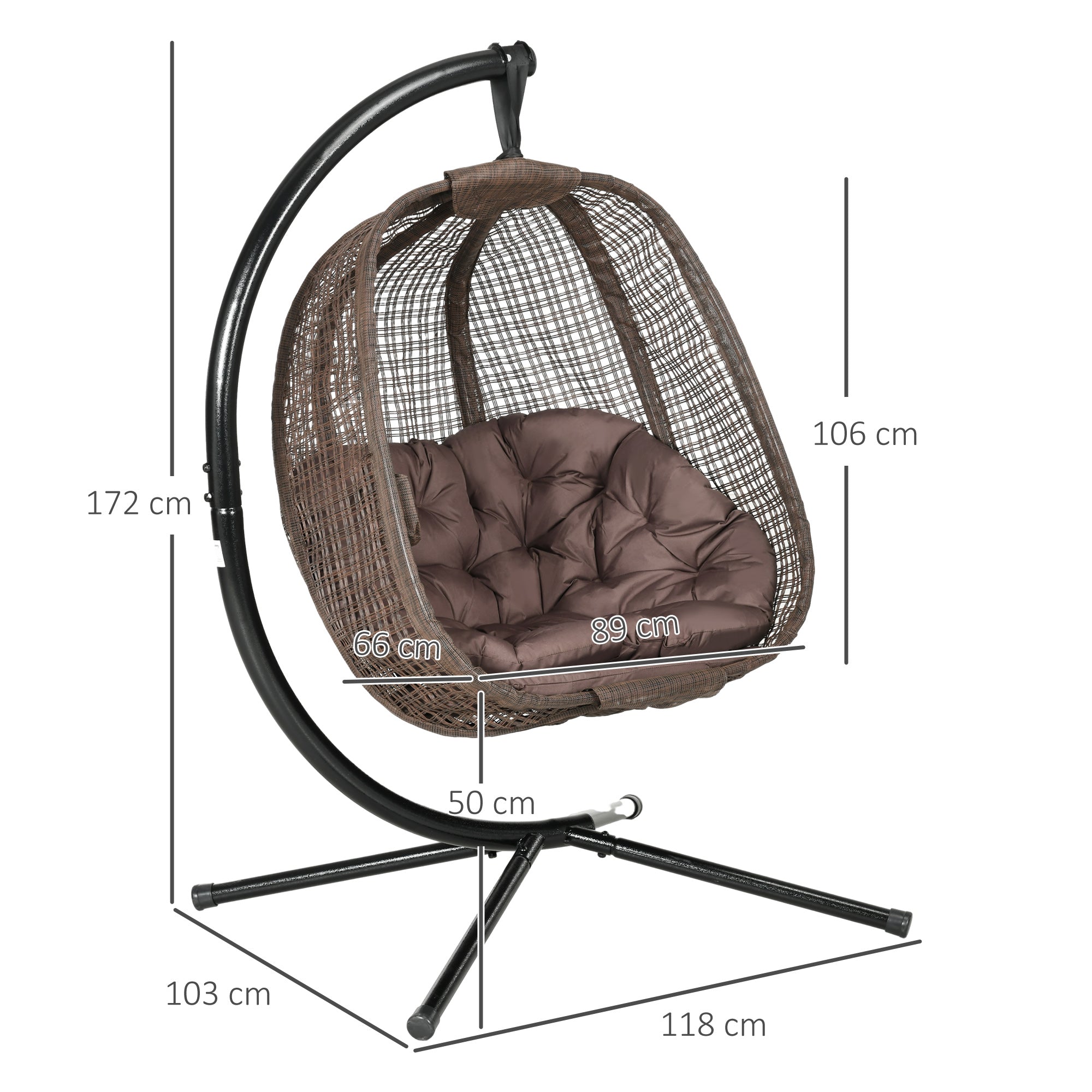 Outsunny Silla Colgante con Efecto Imitación Ratán Sillón Colgante con Soporte de Acero Cesta Plegable Bolsa de Taza y Cojines Carga 120 kg para Interior y Exterior Café