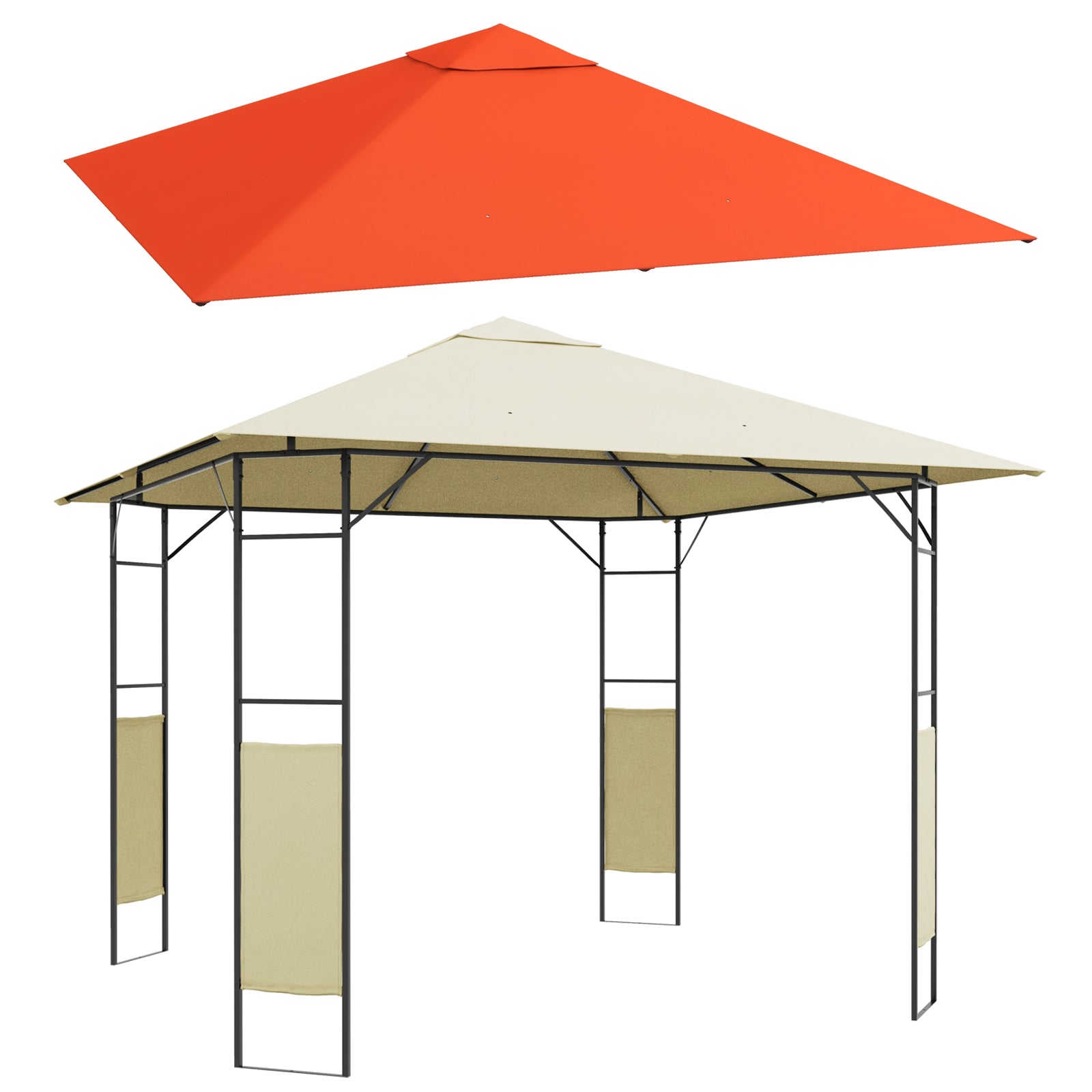 Outsunny Conjunto de Cenador de Jardín 3x3x2,6 m y Techo de Repuesto 3x3 m con Orificios de Drenaje para Patio Terraza Crema y Naranja