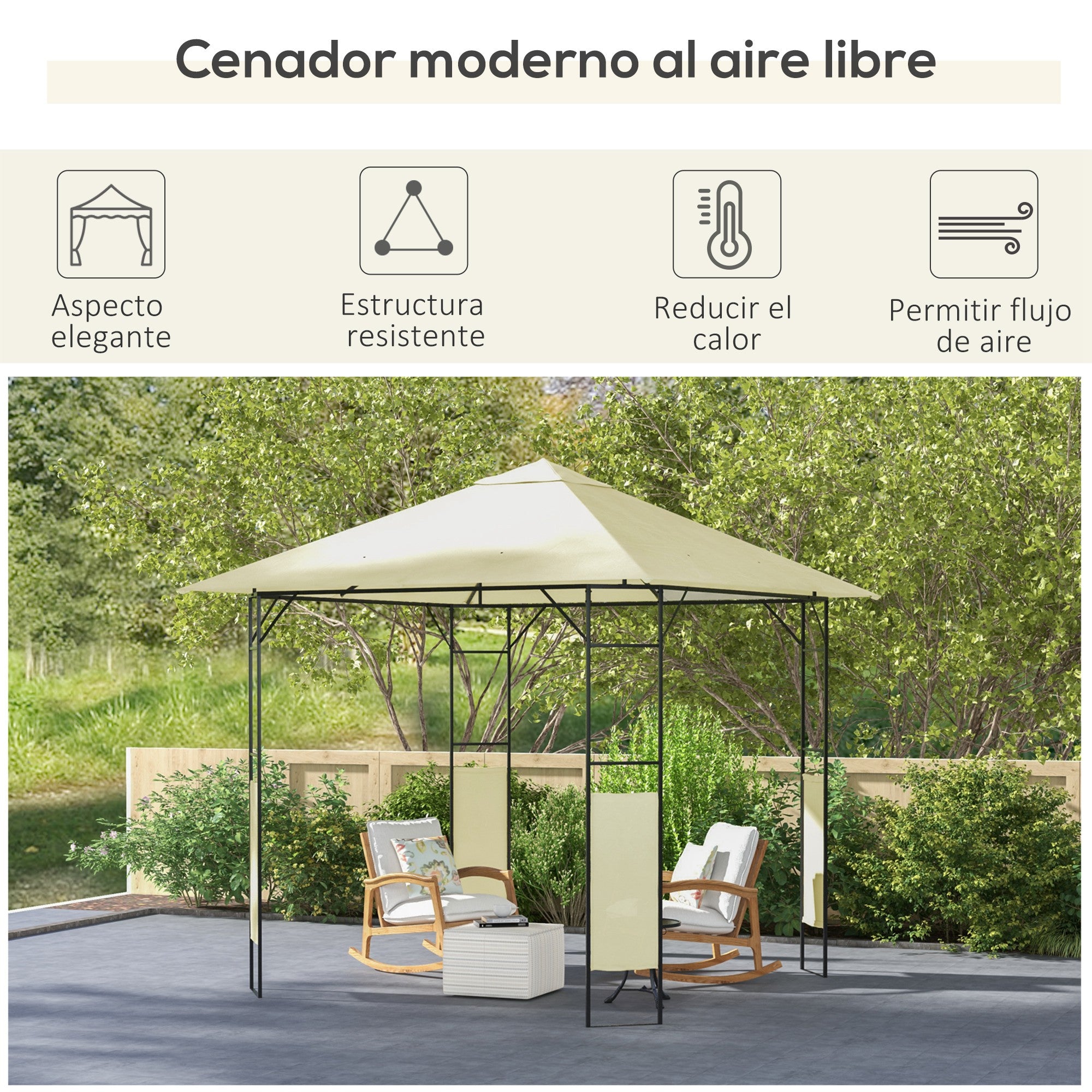 Outsunny Conjunto de Cenador de Jardín 3x3x2,6 m y Techo de Repuesto 3x3 m con Orificios de Drenaje para Patio Terraza Crema y Naranja