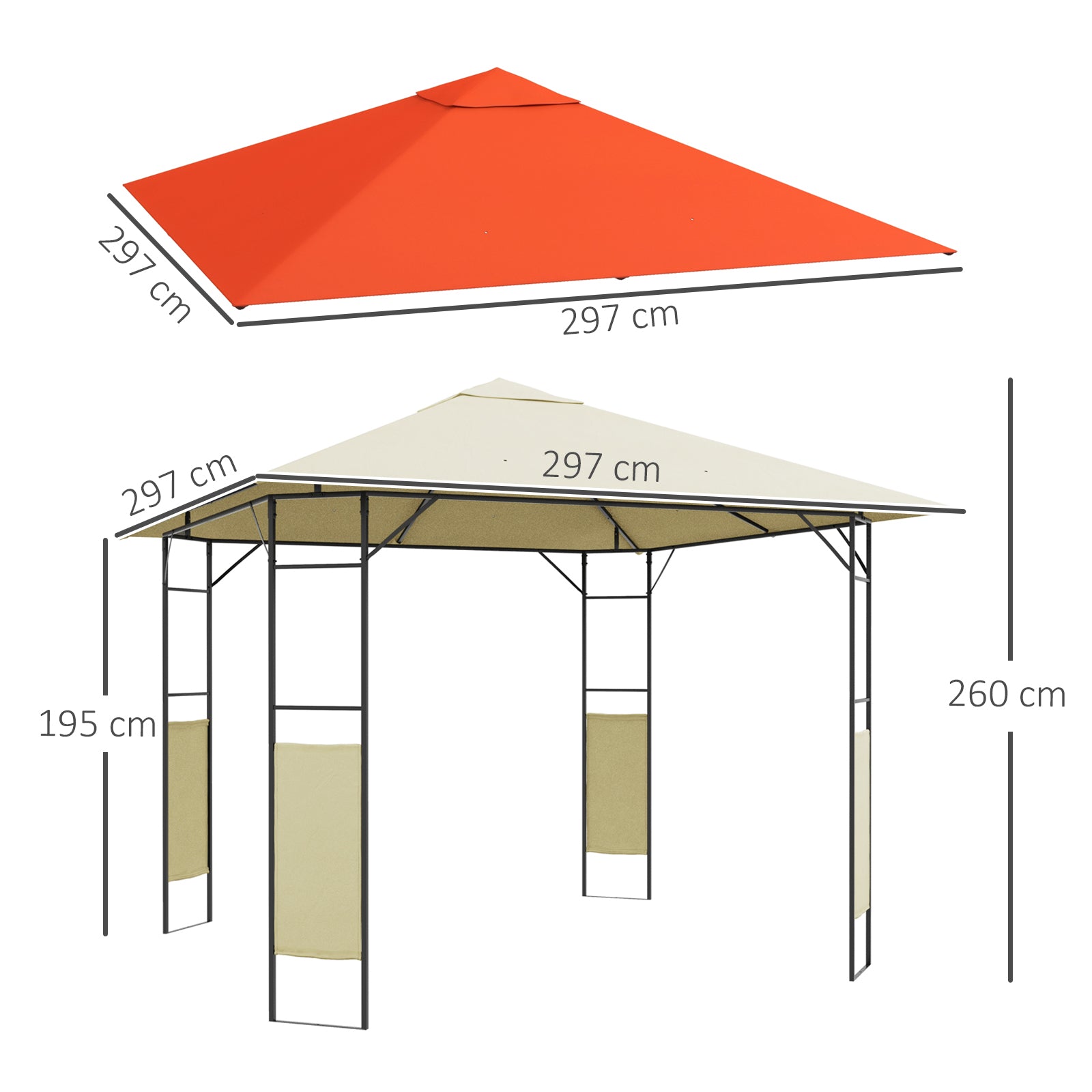 Outsunny Conjunto de Cenador de Jardín 3x3x2,6 m y Techo de Repuesto 3x3 m con Orificios de Drenaje para Patio Terraza Crema y Naranja