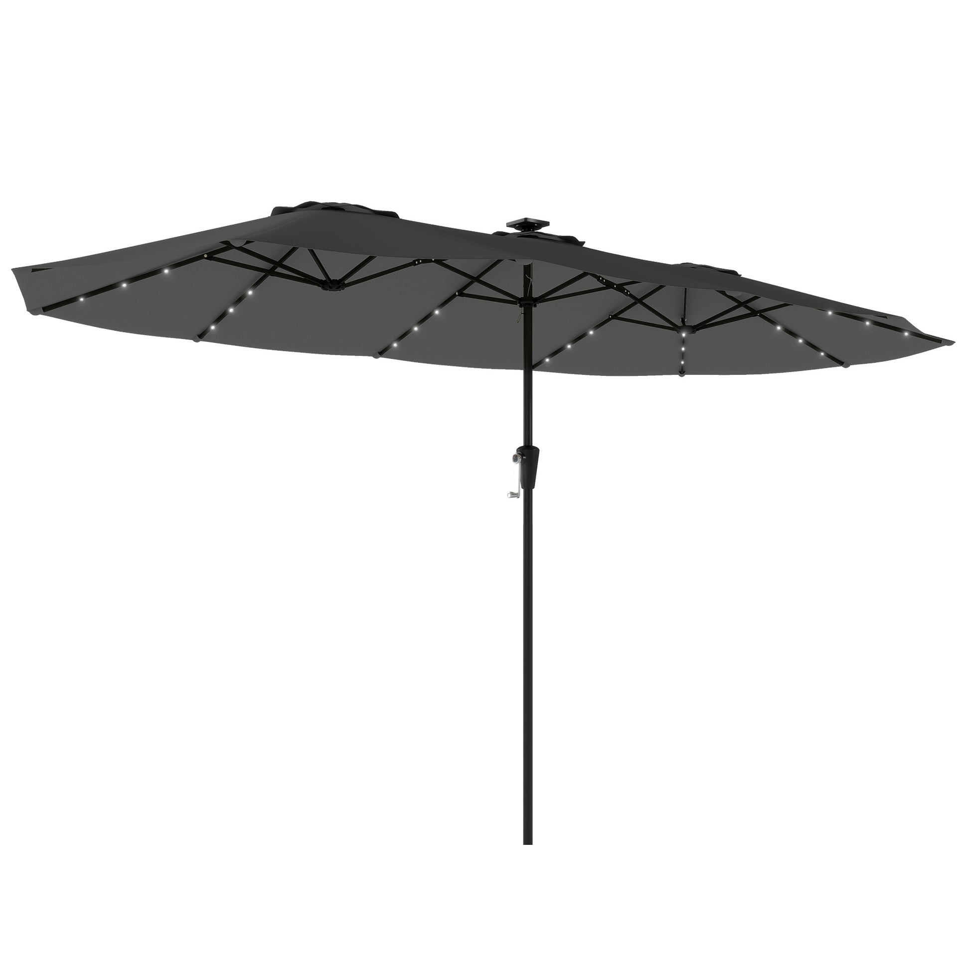 Outsunny Sombrilla Doble con 36 Luces LED Solares, 4x2 m, Sombrilla Terraza Exterior con Manivela, UPF50+, 12 Varillas, Resistente al Agua, Parasol para Jardín, Terraza, Patio, Gris Oscuro