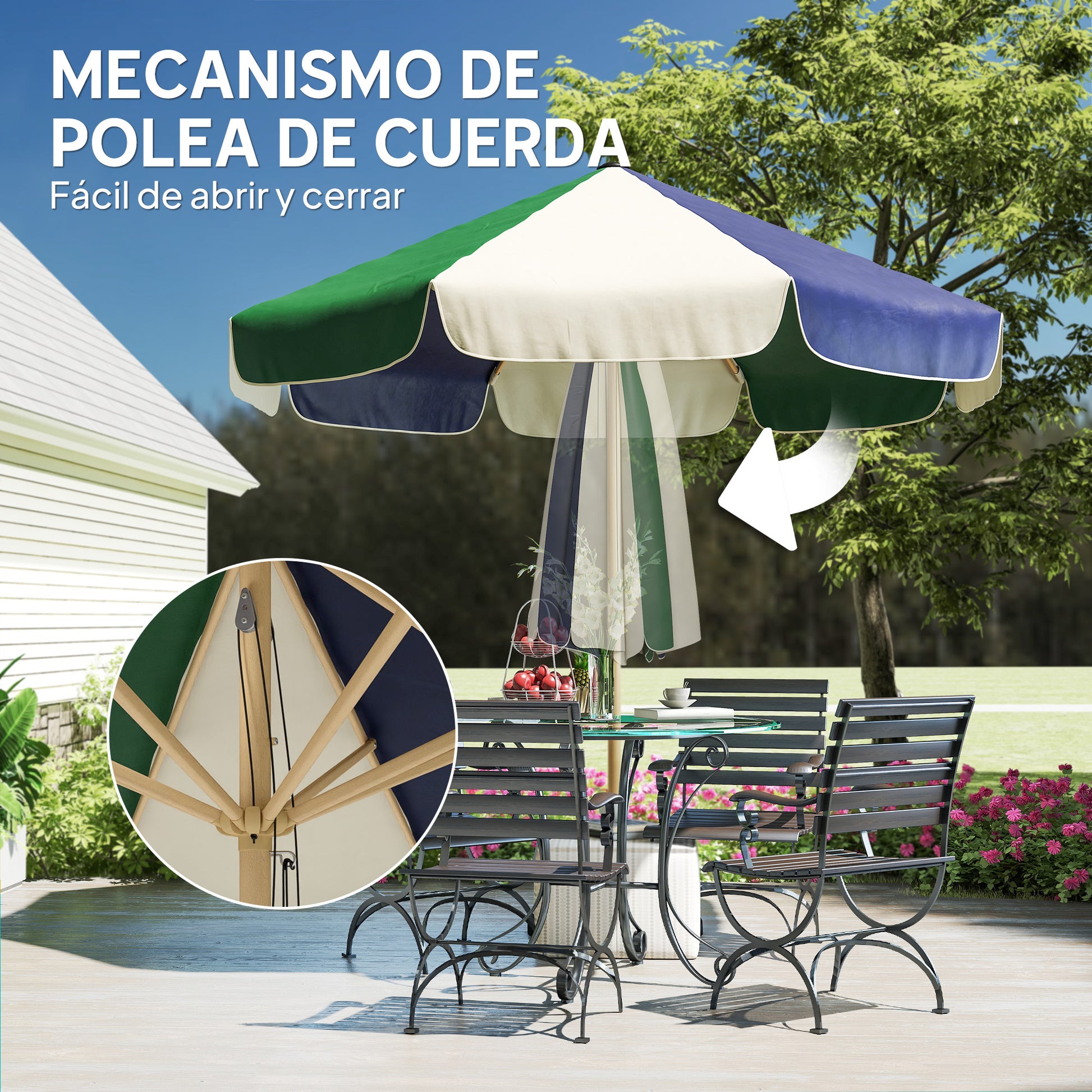 Outsunny Sombrilla Terraza Exterior, Ø2,3 m, Sombrilla de Jardín con Marco de Efecto Madera, Polea con Cuerda, Dosel Bicolor, UPF30+, Parasol para Playa, Patio, Terraza, Verde Oscuro