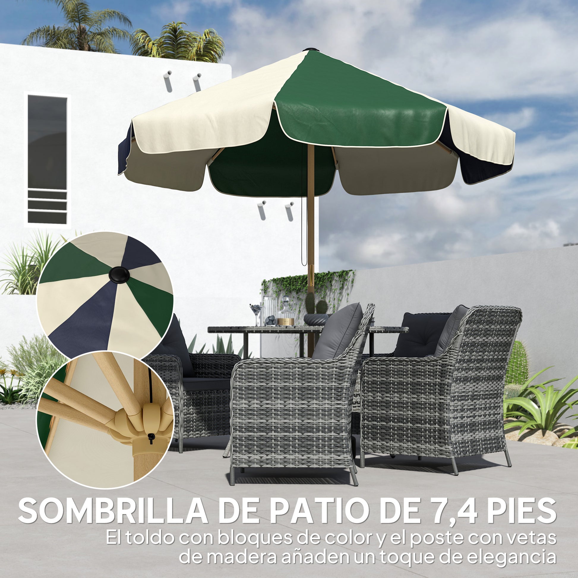 Outsunny Sombrilla Terraza Exterior, Ø2,3 m, Sombrilla de Jardín con Marco de Efecto Madera, Polea con Cuerda, Dosel Bicolor, UPF30+, Parasol para Playa, Patio, Terraza, Verde Oscuro