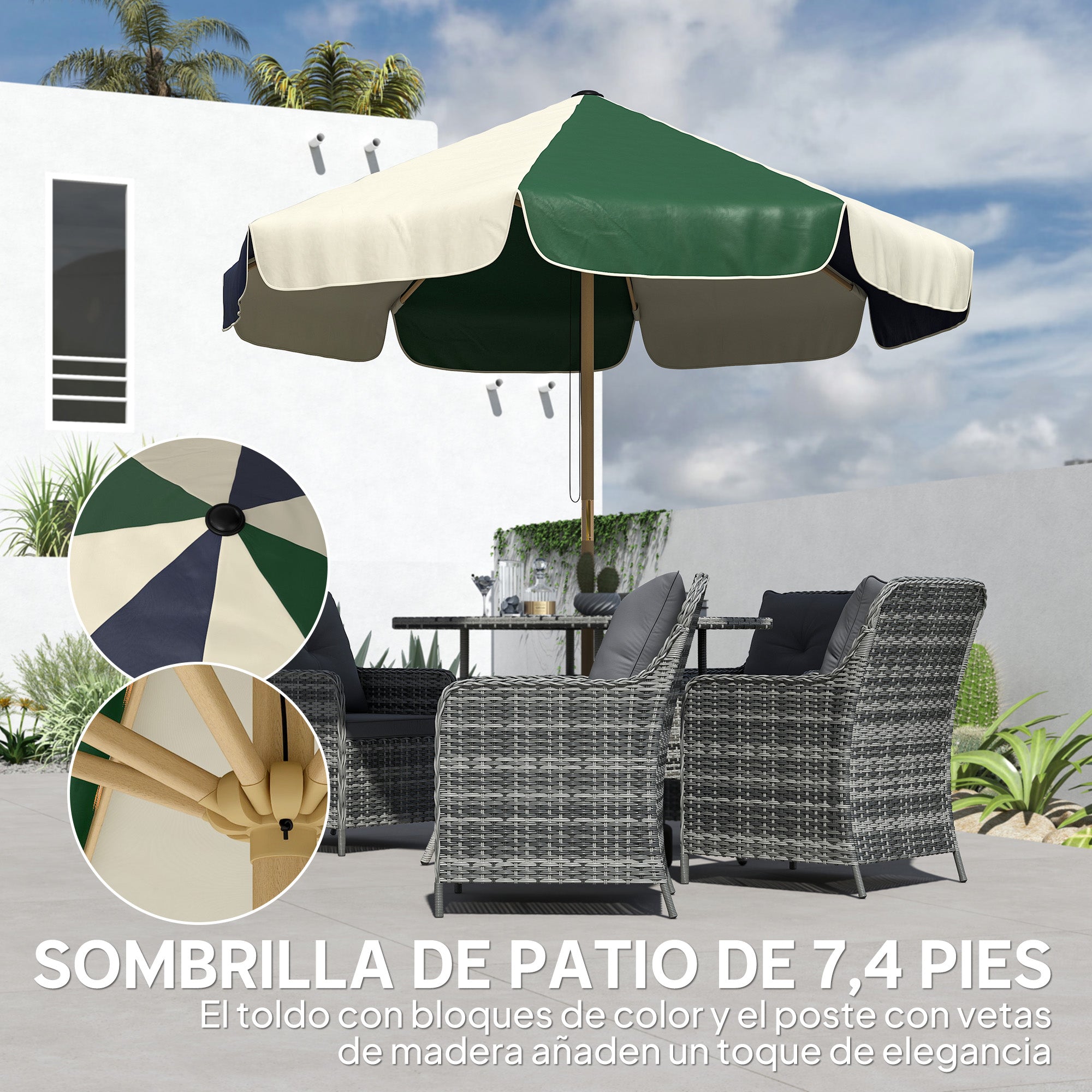 Outsunny Sombrilla Terraza Exterior, Ø2,3 m, Sombrilla de Jardín con Marco de Efecto Madera, Polea con Cuerda, Dosel Bicolor, UPF30+, Parasol para Playa, Patio, Terraza, Verde Oscuro