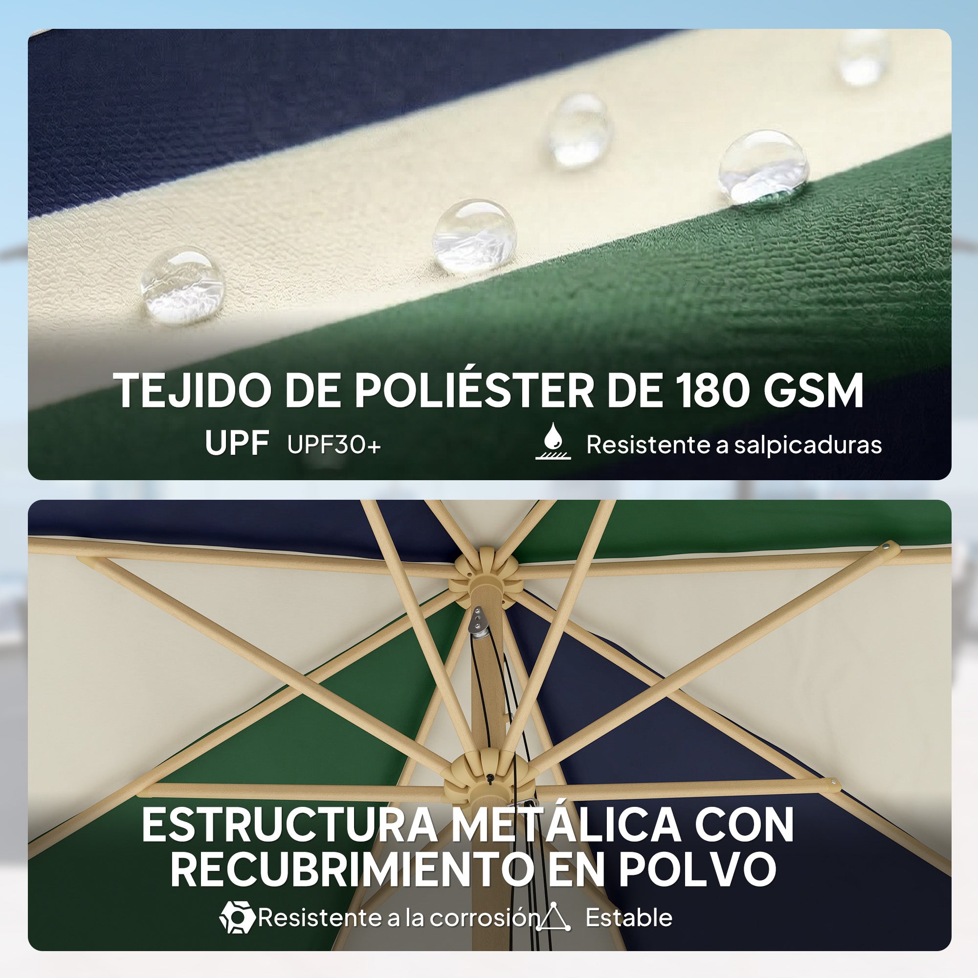 Outsunny Sombrilla Terraza Exterior, Ø2,3 m, Sombrilla de Jardín con Marco de Efecto Madera, Polea con Cuerda, Dosel Bicolor, UPF30+, Parasol para Playa, Patio, Terraza, Verde Oscuro