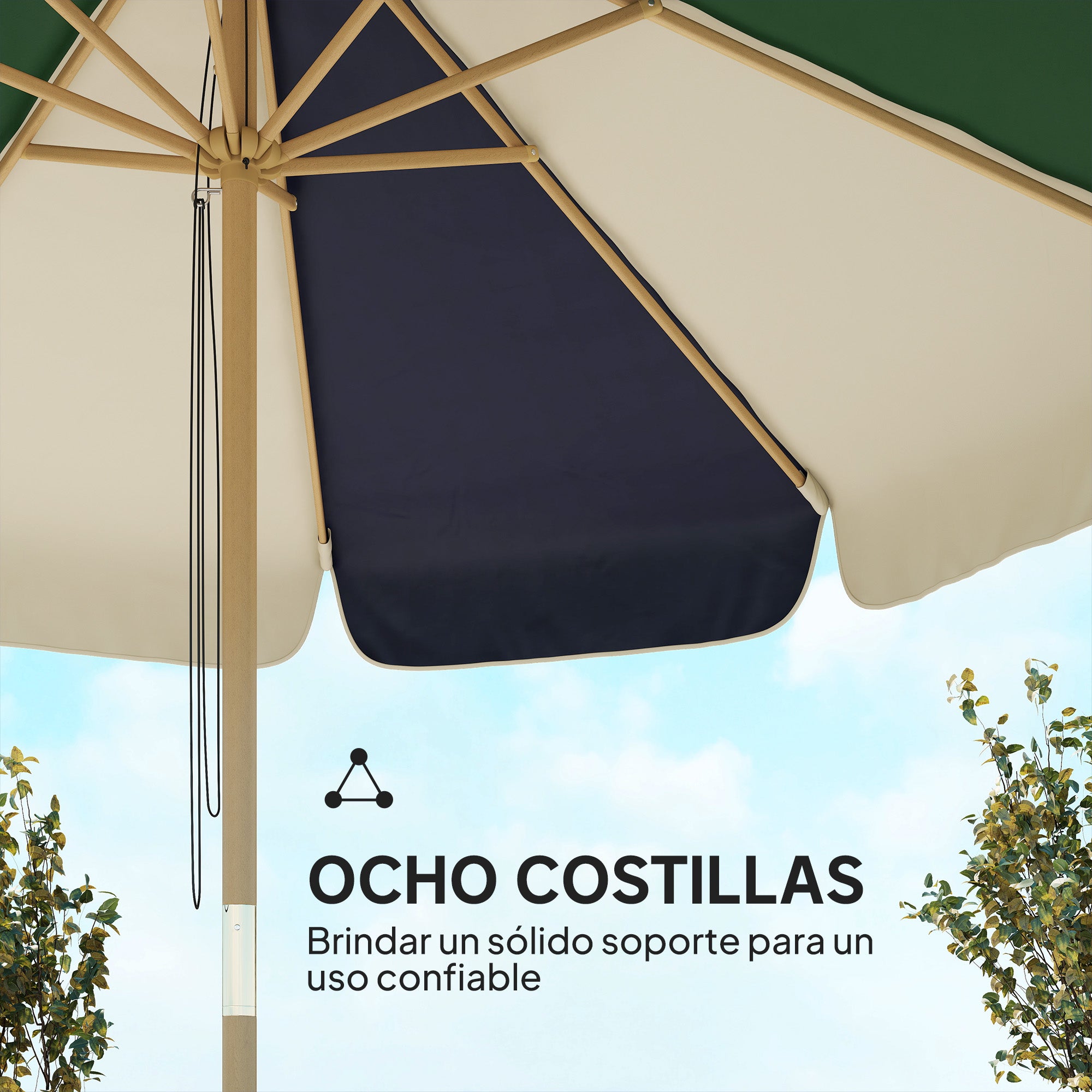 Outsunny Sombrilla Terraza Exterior, Ø2,3 m, Sombrilla de Jardín con Marco de Efecto Madera, Polea con Cuerda, Dosel Bicolor, UPF30+, Parasol para Playa, Patio, Terraza, Verde Oscuro
