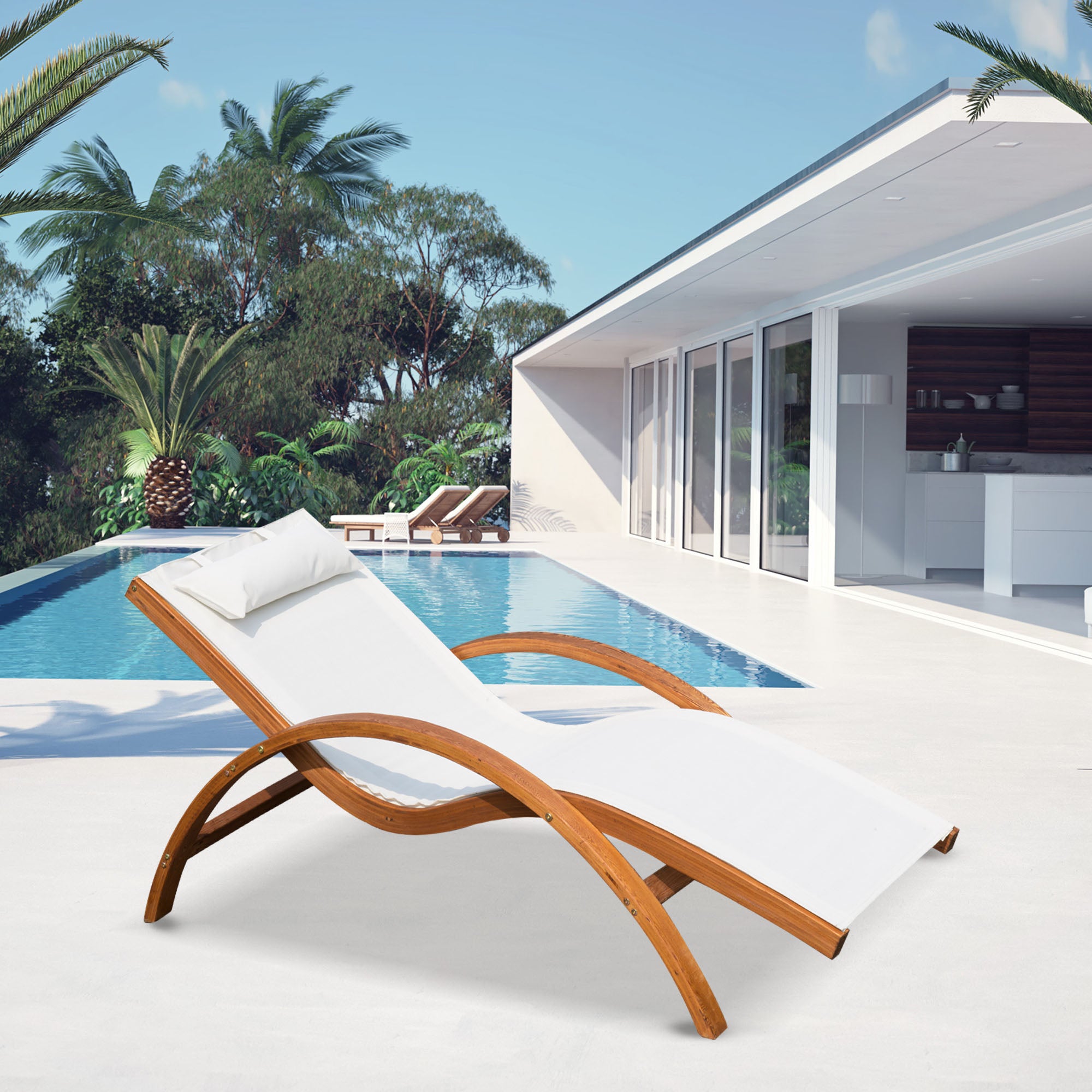 Outsunny Tumbona tipo Hamaca para Jardín Terraza Playa Piscina o Patio 161x72x68 cm Color Blanco hecha de Madera Malla y Texteline con Almohadilla