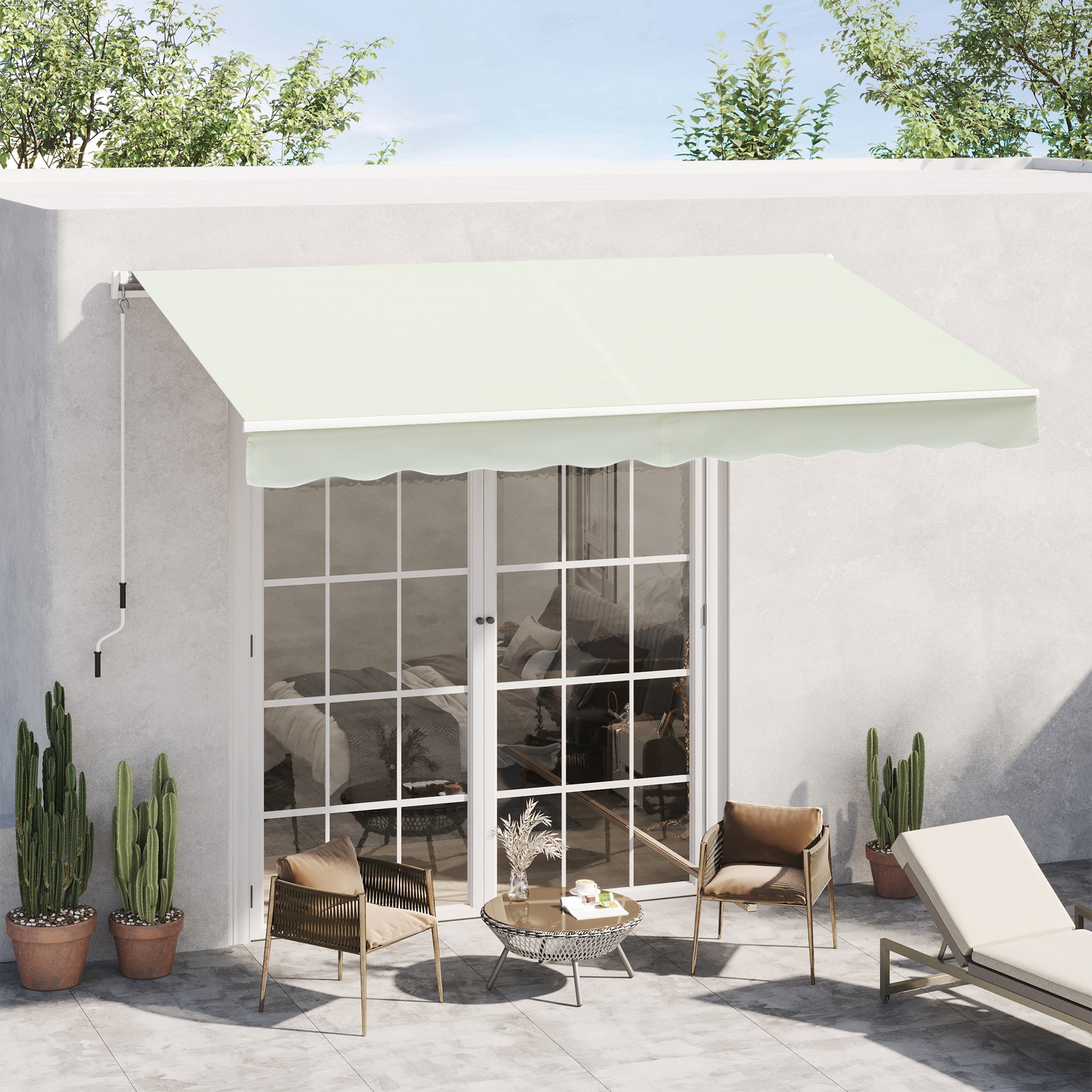 Outsunny Toldo Manual Retráctil 395x245 cm Toldo para Balcón con Manivela de Metal Impermeable y Anti-UV Toldo Enrollable de Exterior para Jardín Terraza Ventanas Blanco