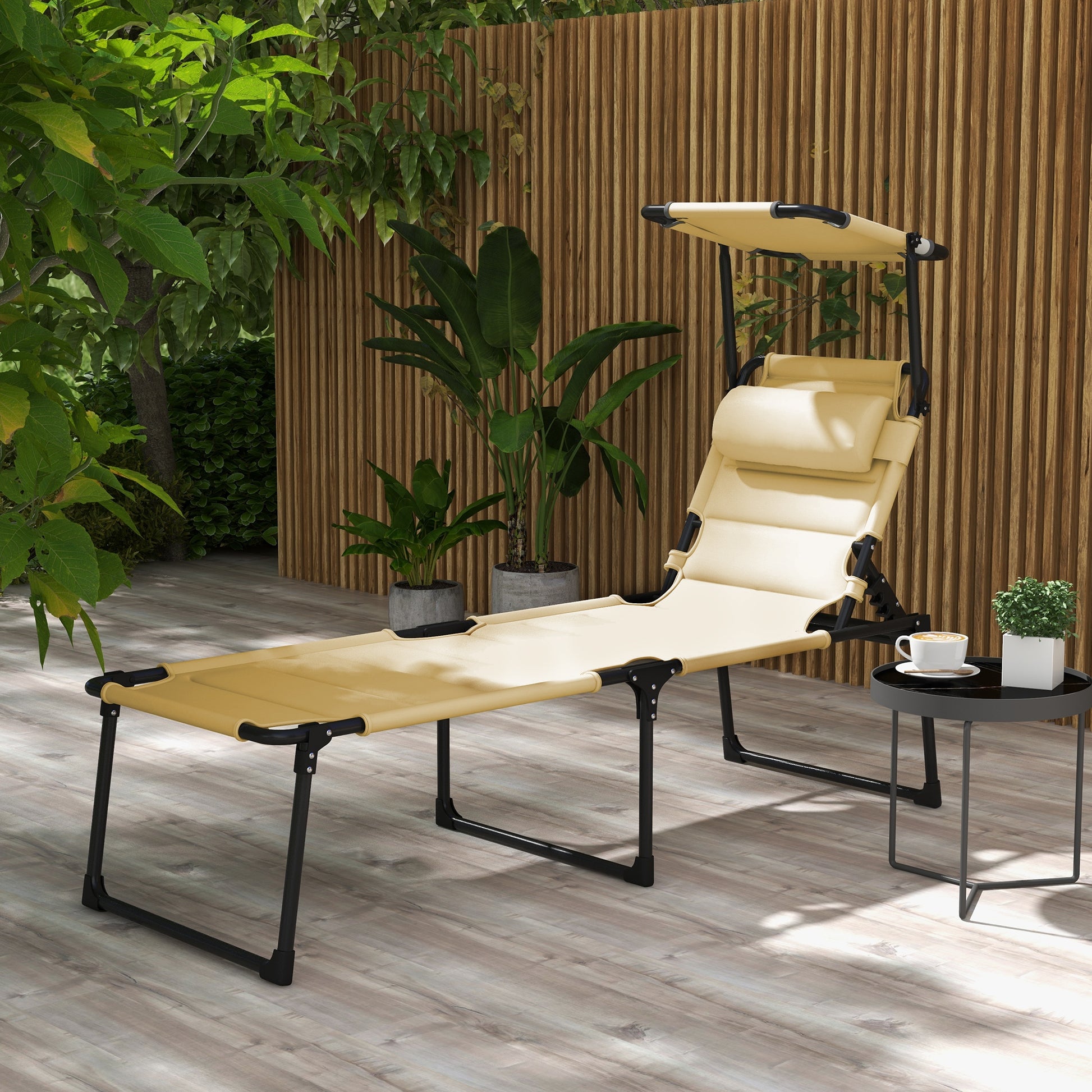Outsunny Tumbona Plegable Tumbona de Jardín con Toldo Ajustable Respaldo Regulable en 4 Niveles y Reposacabezas para Terraza Piscina 70x200x45 cm Crema