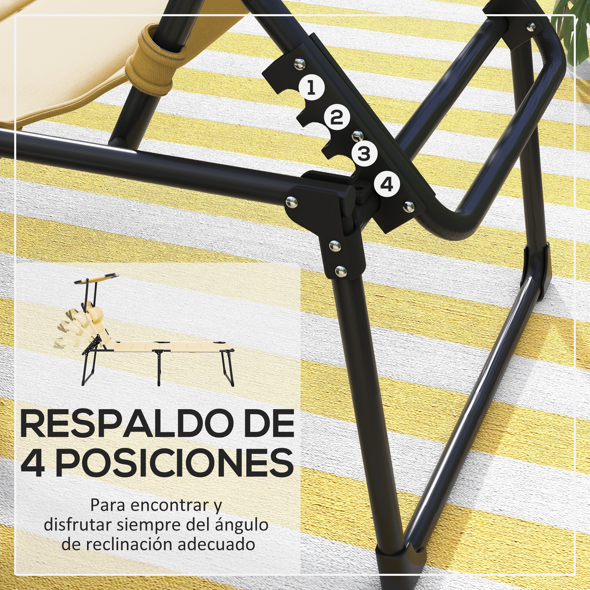 Outsunny Tumbona Plegable Tumbona de Jardín con Toldo Ajustable Respaldo Regulable en 4 Niveles y Reposacabezas para Terraza Piscina 70x200x45 cm Crema