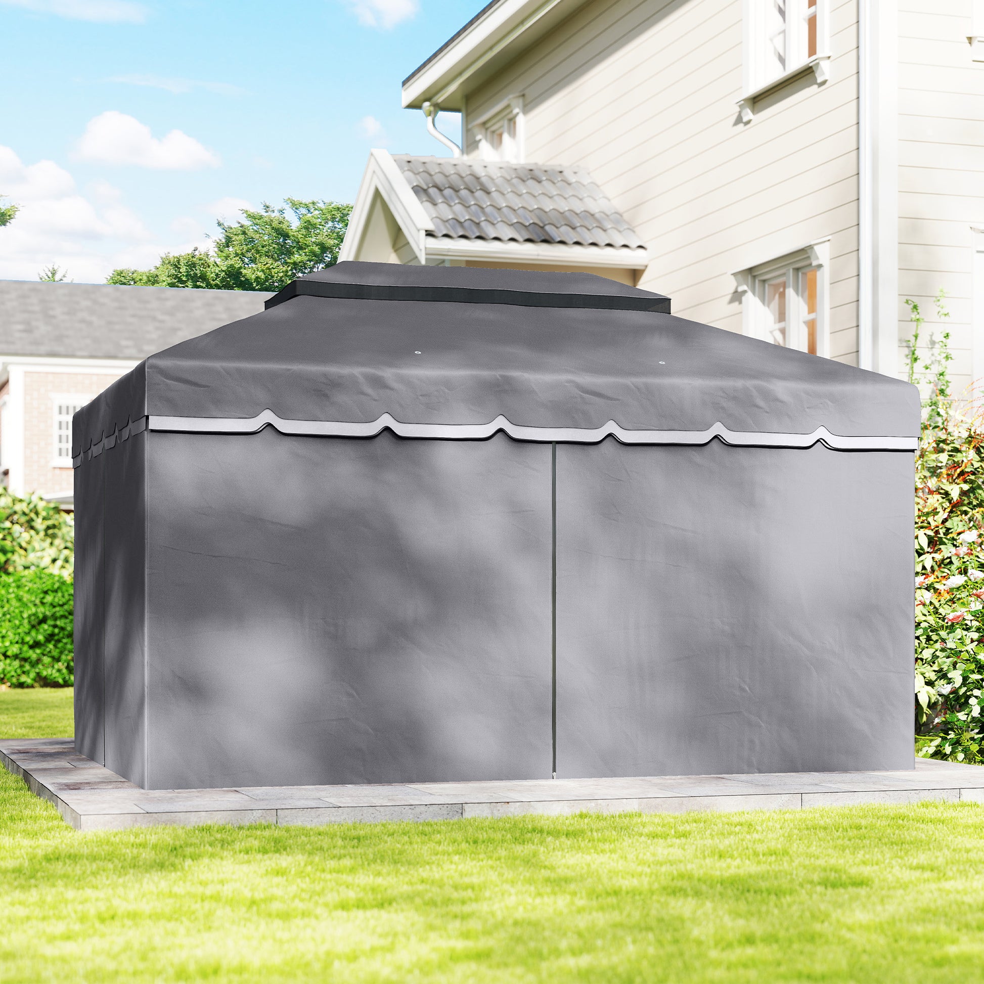 Outsunny Cenador de Jardín 4x3 m, Pabellón de Jardín Gazebo con Doble Techo, 4 Cortinas y Mosquitera, Marco de Aluminio, Orificios de Drenaje, UPF50+, Carpa para Exterior, Terraza, Patio, Gris Oscuro