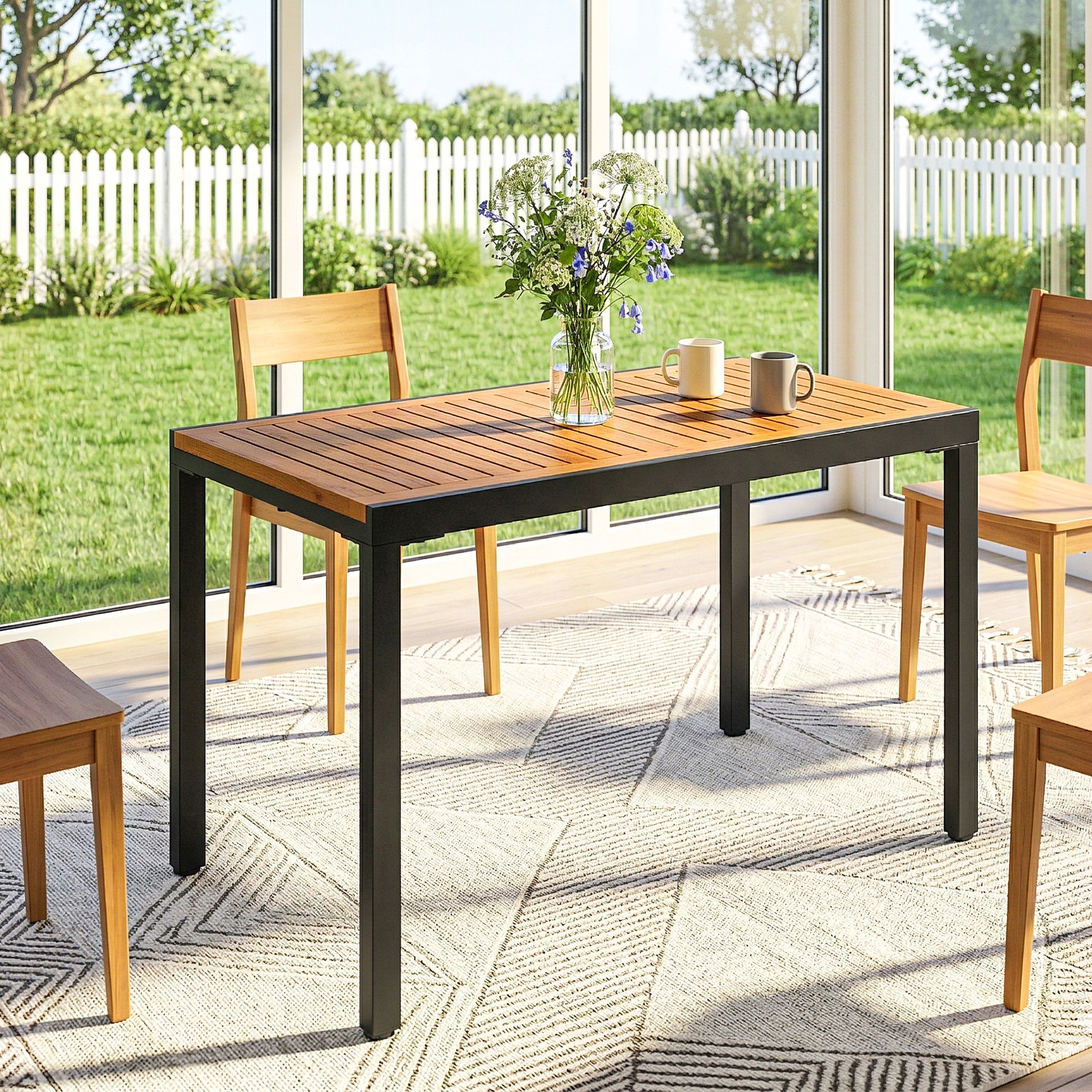 Outsunny Mesa de Jardín Extensible 100/150x70 cm, Mesa de Comedor Exterior Extensible Rectangular de Madera y Metal con Agujero para Sombrilla, para 4-6 Personas, para Patio, Terraza, Teca y Negro