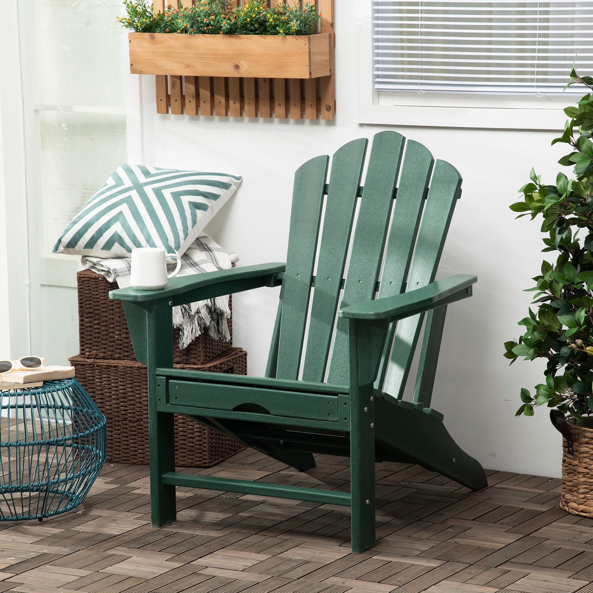 Outsunny Silla Adirondack con Reposapiés Silla de Jardín de HDPE con Reposabrazos y Respaldo Alto para Terraza Balcón Exterior Carga 120 kg 78x135x95 cm Verde Oscuro