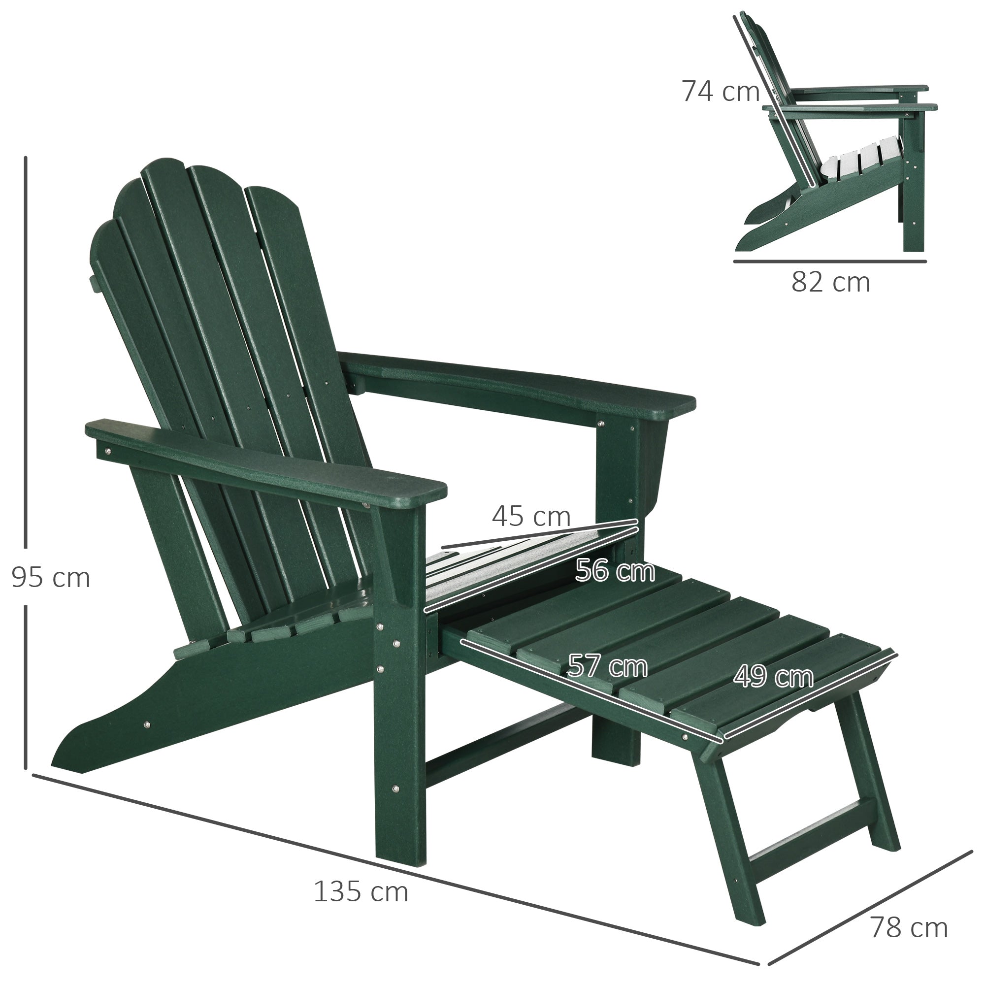 Outsunny Silla Adirondack con Reposapiés Silla de Jardín de HDPE con Reposabrazos y Respaldo Alto para Terraza Balcón Exterior Carga 120 kg 78x135x95 cm Verde Oscuro