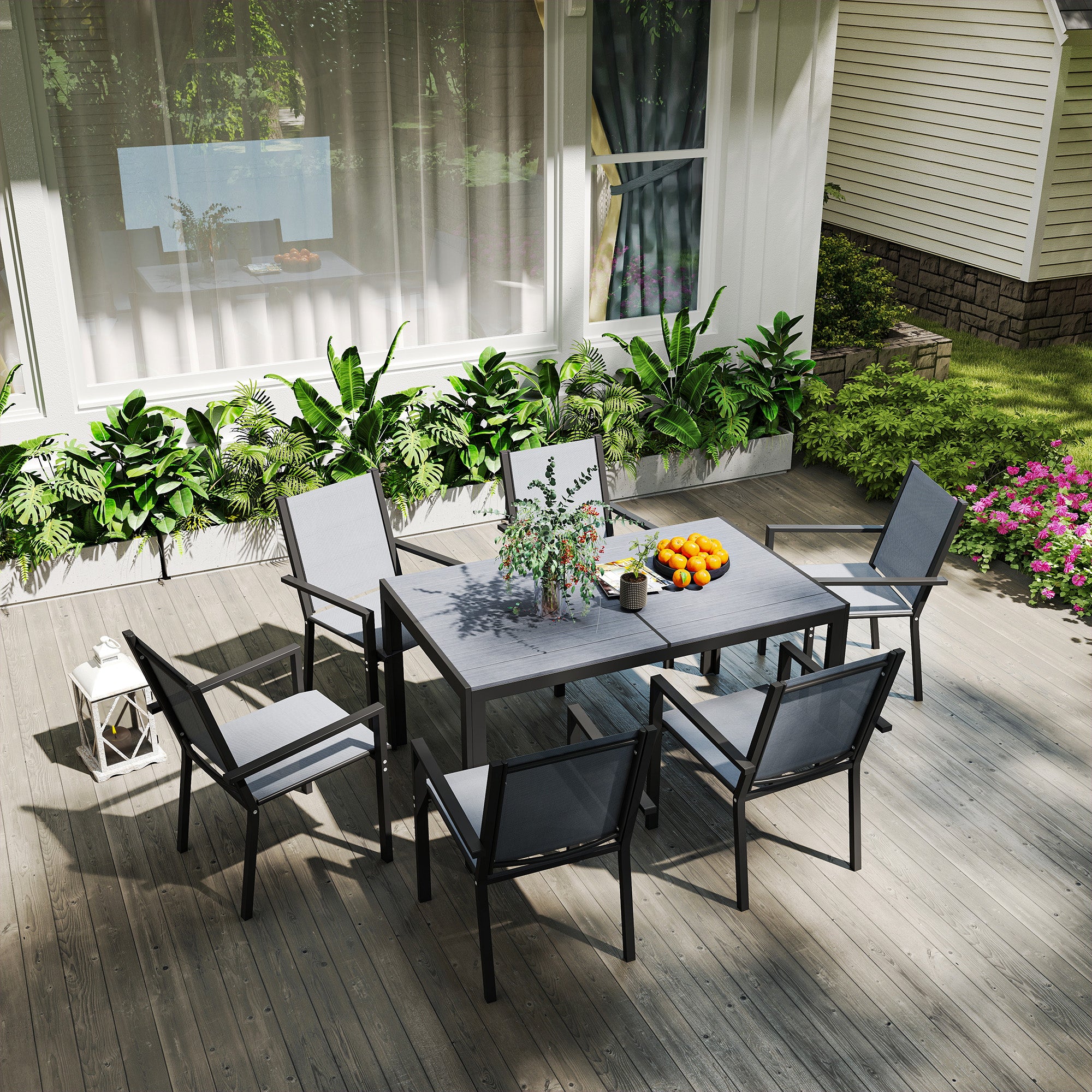 Outsunny Conjunto de Mesa y Sillas Jardín de 7 Piezas, Muebles de Jardín Exterior con 6 Sillas Apilables y Marco de Acero, para Terraza, Patio, Gris Claro
