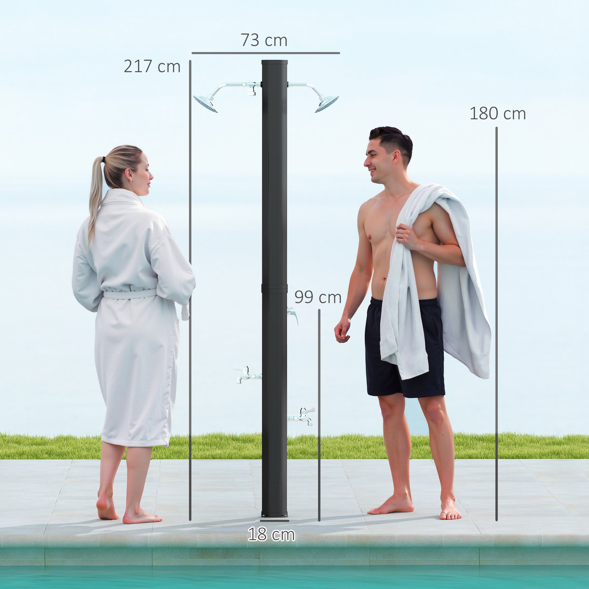 Outsunny Ducha de Jardín Solar 35 L Ducha Solar Exterior con 2 Cabezales Giratorios Grifos de Pies y Agua Caliente Máximo 55 °C para Piscina Camping Patio 73x18x217 cm Negro