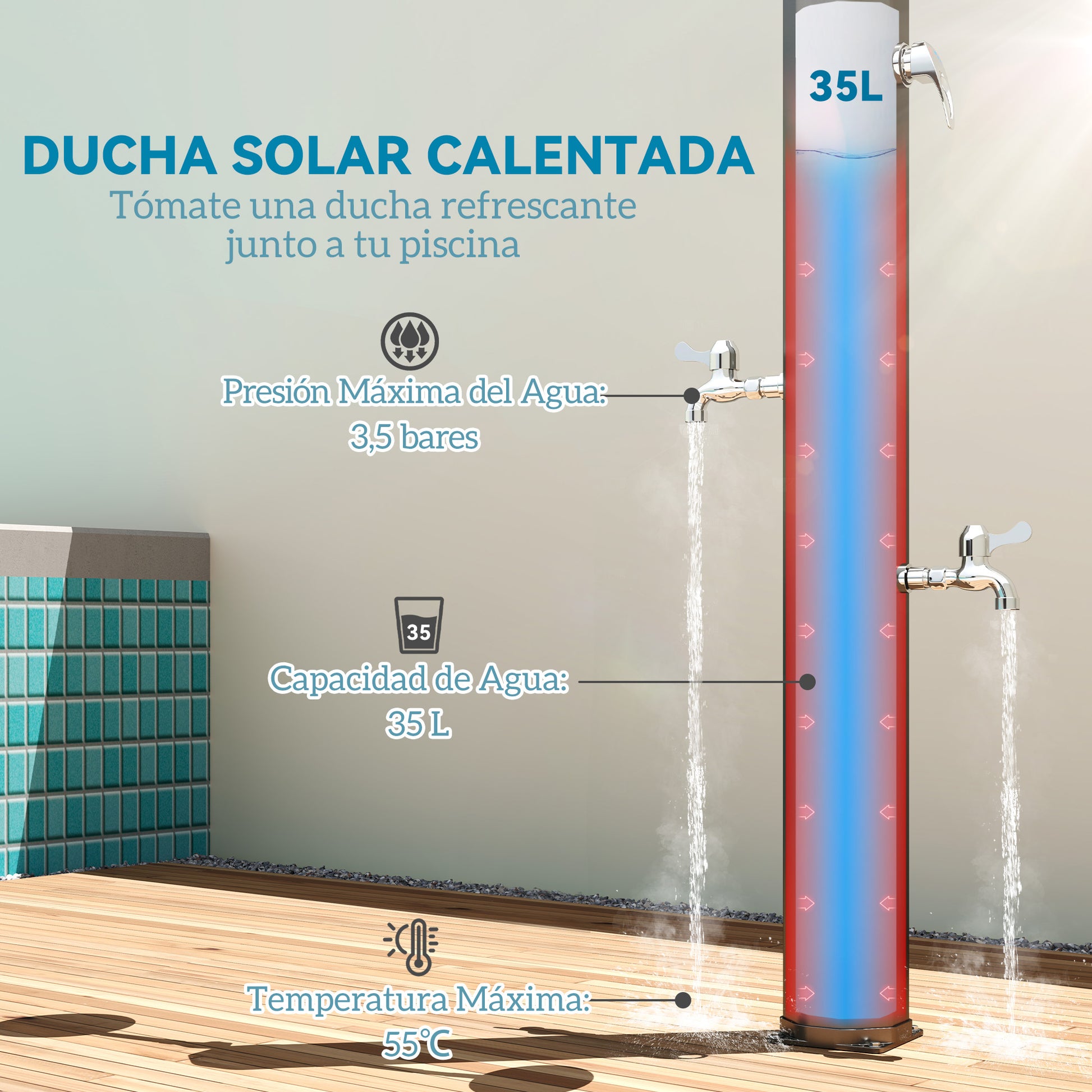 Outsunny Ducha de Jardín Solar 35 L Ducha Solar Exterior con 2 Cabezales Giratorios Grifos de Pies y Agua Caliente Máximo 55 °C para Piscina Camping Patio 73x18x217 cm Negro