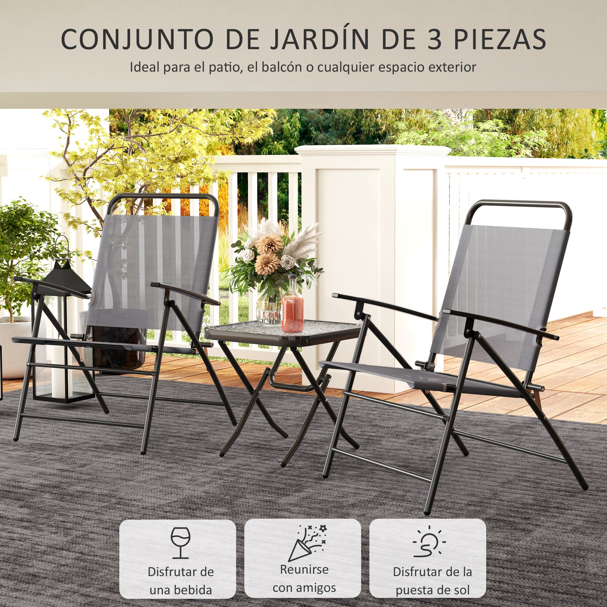 Outsunny Conjunto de Mesa y Sillas de Terraza Exterior de 3 Piezas Muebles de Jardín Exterior Plegables con Respaldo Regulable Tablero de Vidrio y Estructura de Acero Gris