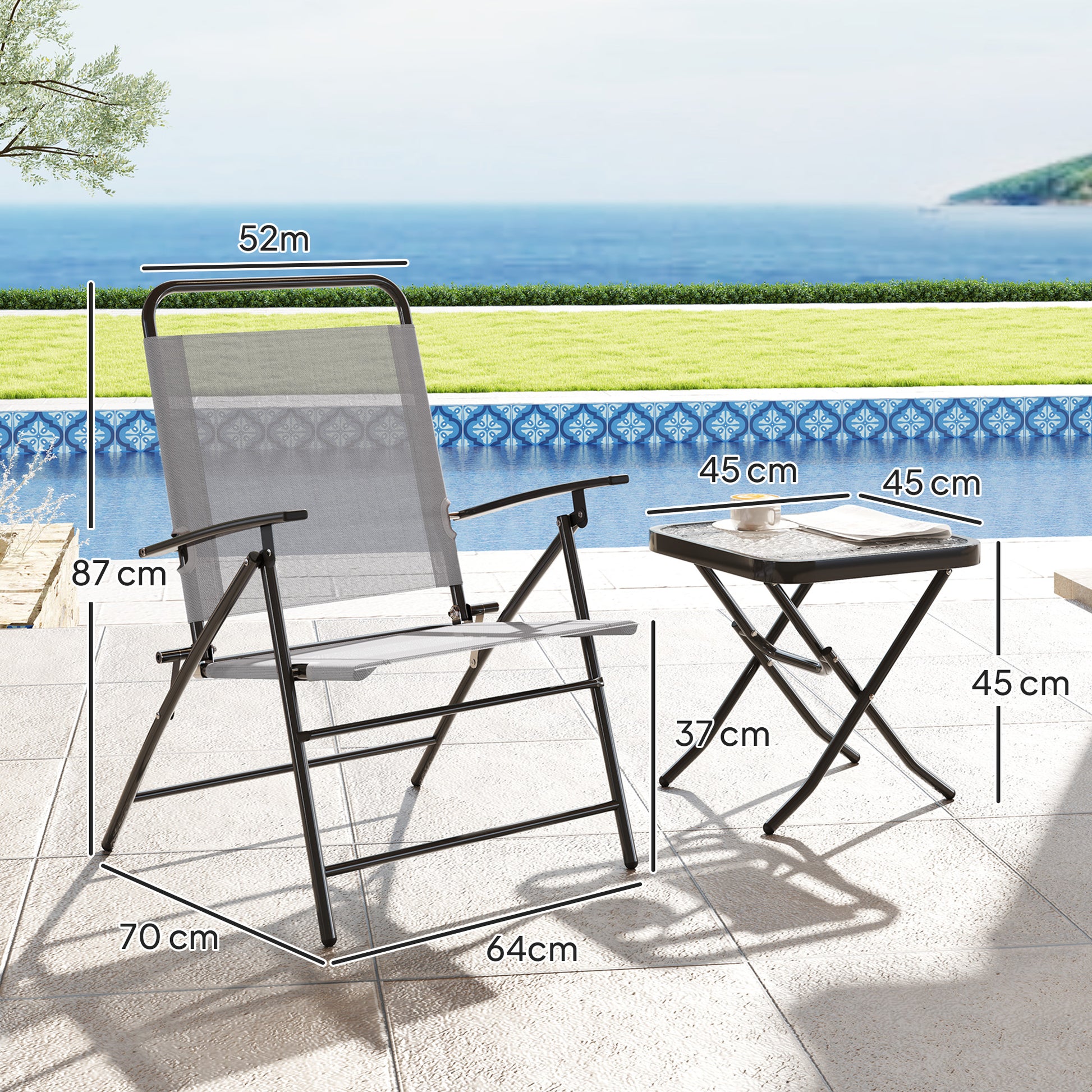 Outsunny Conjunto de Mesa y Sillas de Terraza Exterior de 3 Piezas Muebles de Jardín Exterior Plegables con Respaldo Regulable Tablero de Vidrio y Estructura de Acero Gris