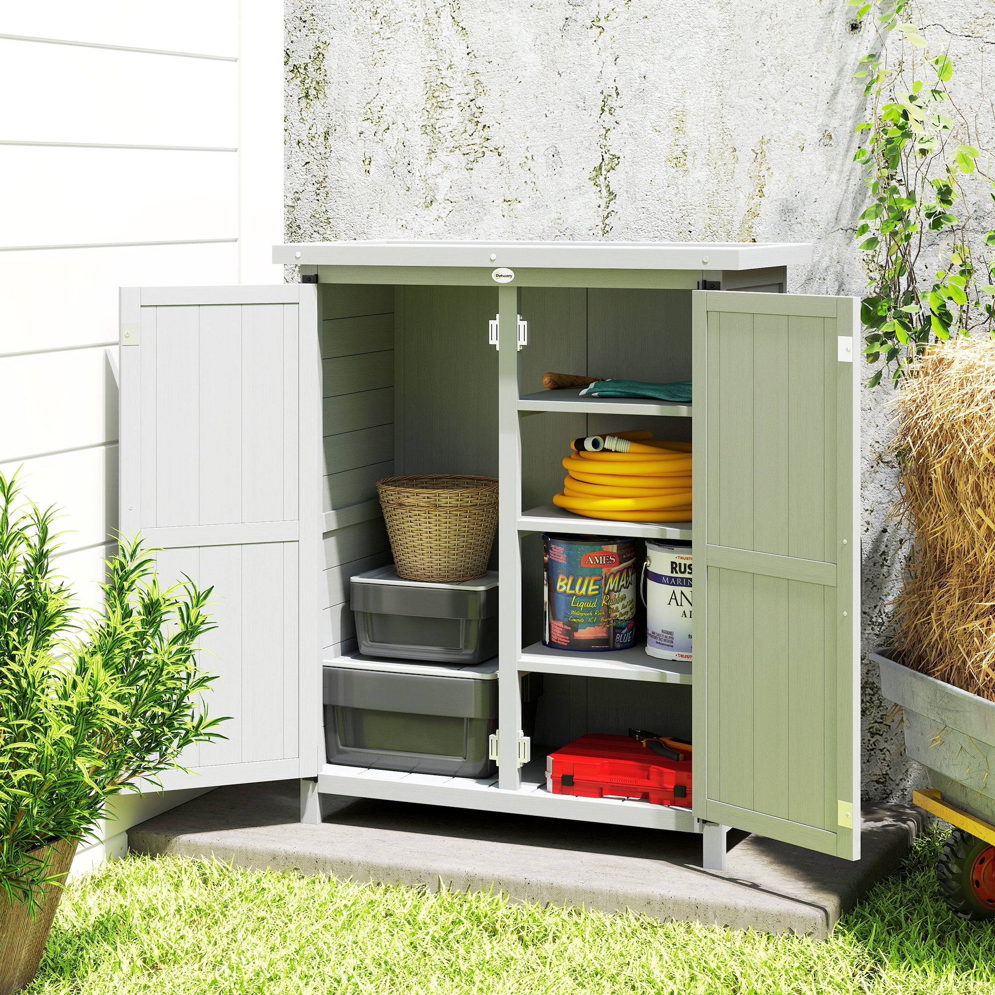 Outsunny Caseta de Jardín de Madera, 75x40x90 cm, Cobertizo Jardín Exterior, Armario para Almacenaje de Herramientas, con 4 Estantes, 2 Puertas y Techo de Acero Galvanizado, Gris