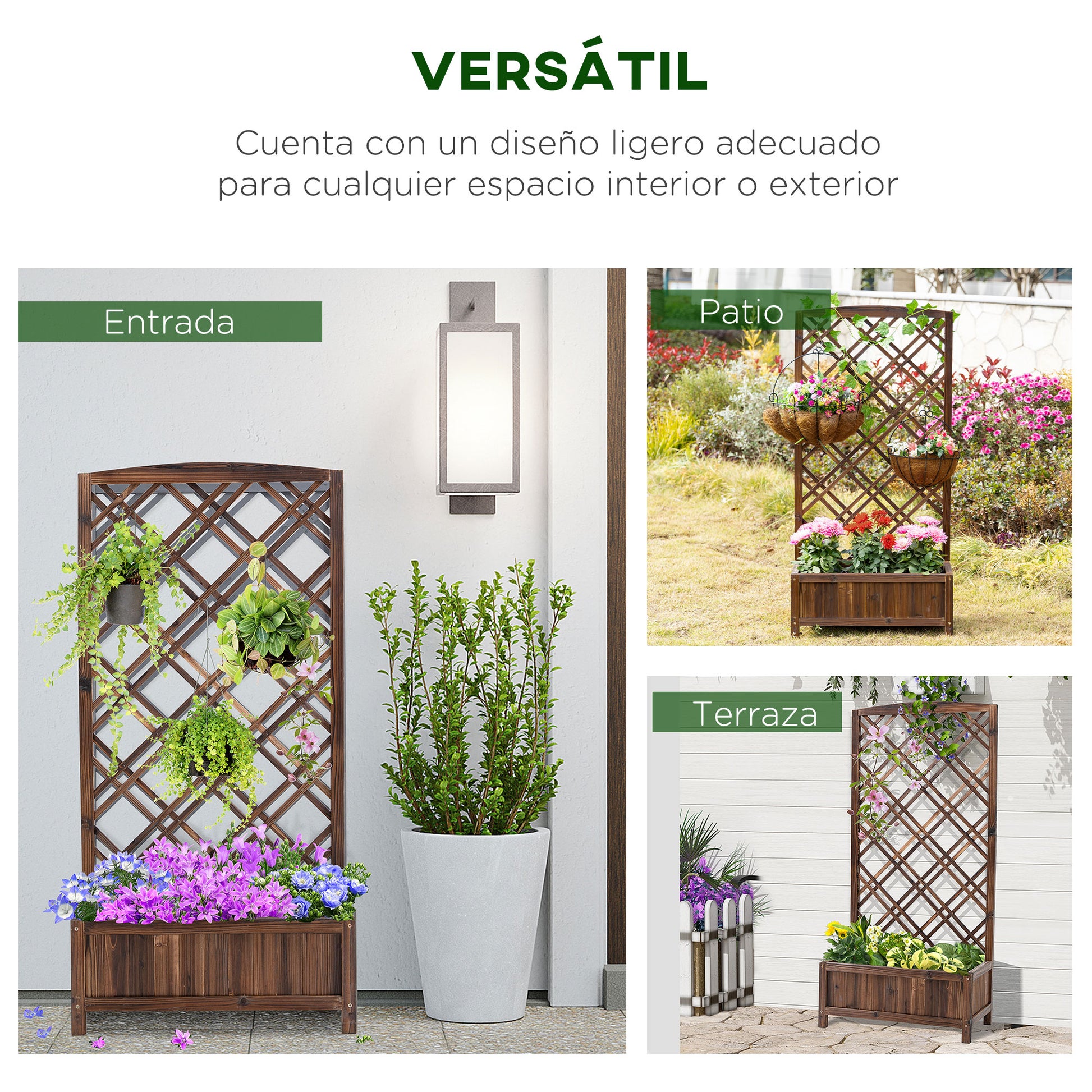 Outsunny Jardinera con Enrejado Jardinera con Celosía de Madera Macetero con Soporte para Trepadora Cultivos Plantas en Exterior Terraza Jardín Balcón 60x30x122,5 cm Marrón