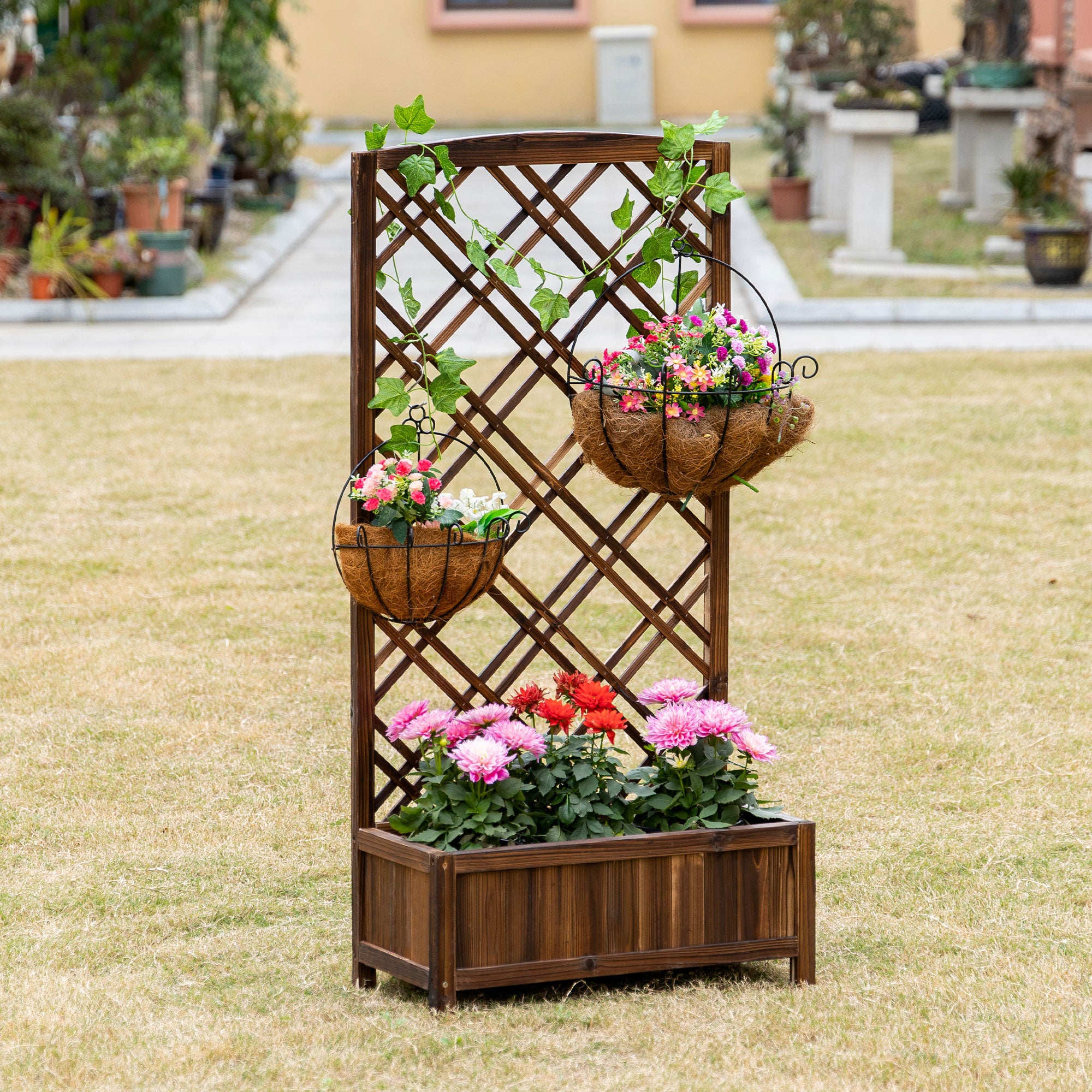 Outsunny Jardinera con Enrejado Jardinera con Celosía de Madera Macetero con Soporte para Trepadora Cultivos Plantas en Exterior Terraza Jardín Balcón 60x30x122,5 cm Marrón