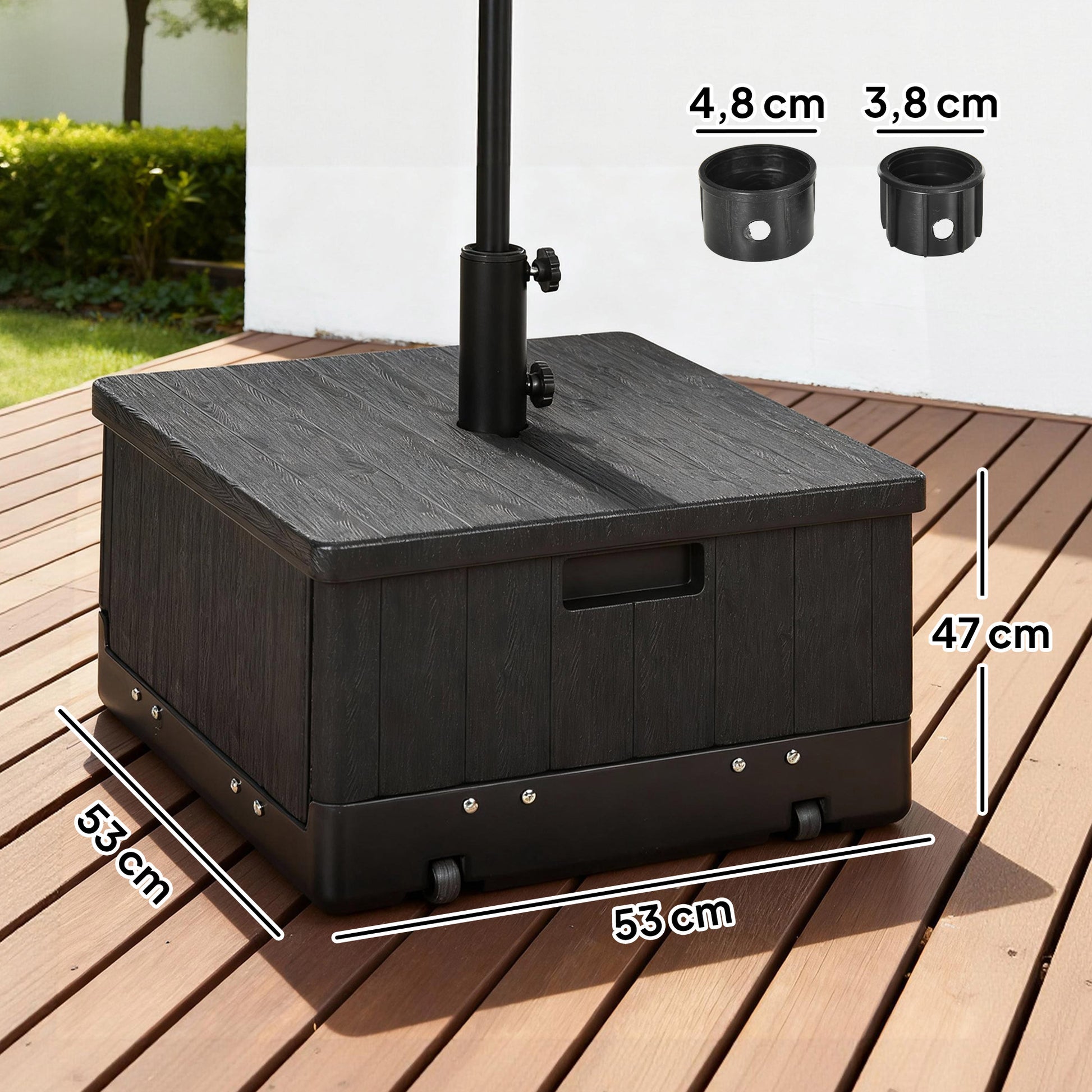 Outsunny Base para Sombrilla Exterior 3 en 1, Mesa Auxiliar, Macetero con Orificio de Drenaje, Soporte de Parasol Rellenable Arena 80 kg con Ruedas y Asas para Sombrilla con Postes Ø38 y Ø48 mm, Negro
