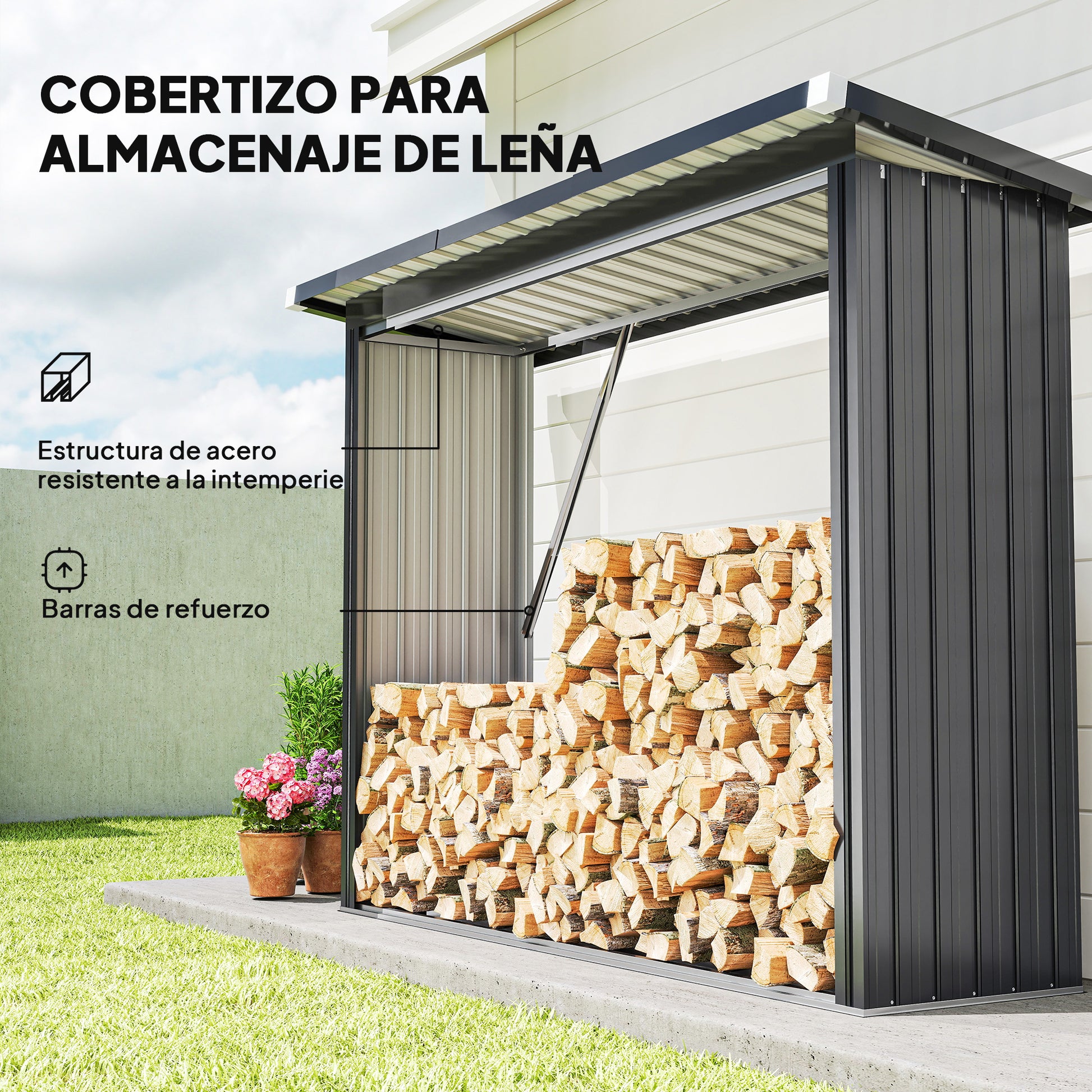 Outsunny Casetilla para Leña de Acero Galvanizado, Cobertizo Leñero Exterior de Almacenamiento de Troncos, con Base Elevada y Techo Inclinado, 213x66,5x150 cm, Gris Oscuro
