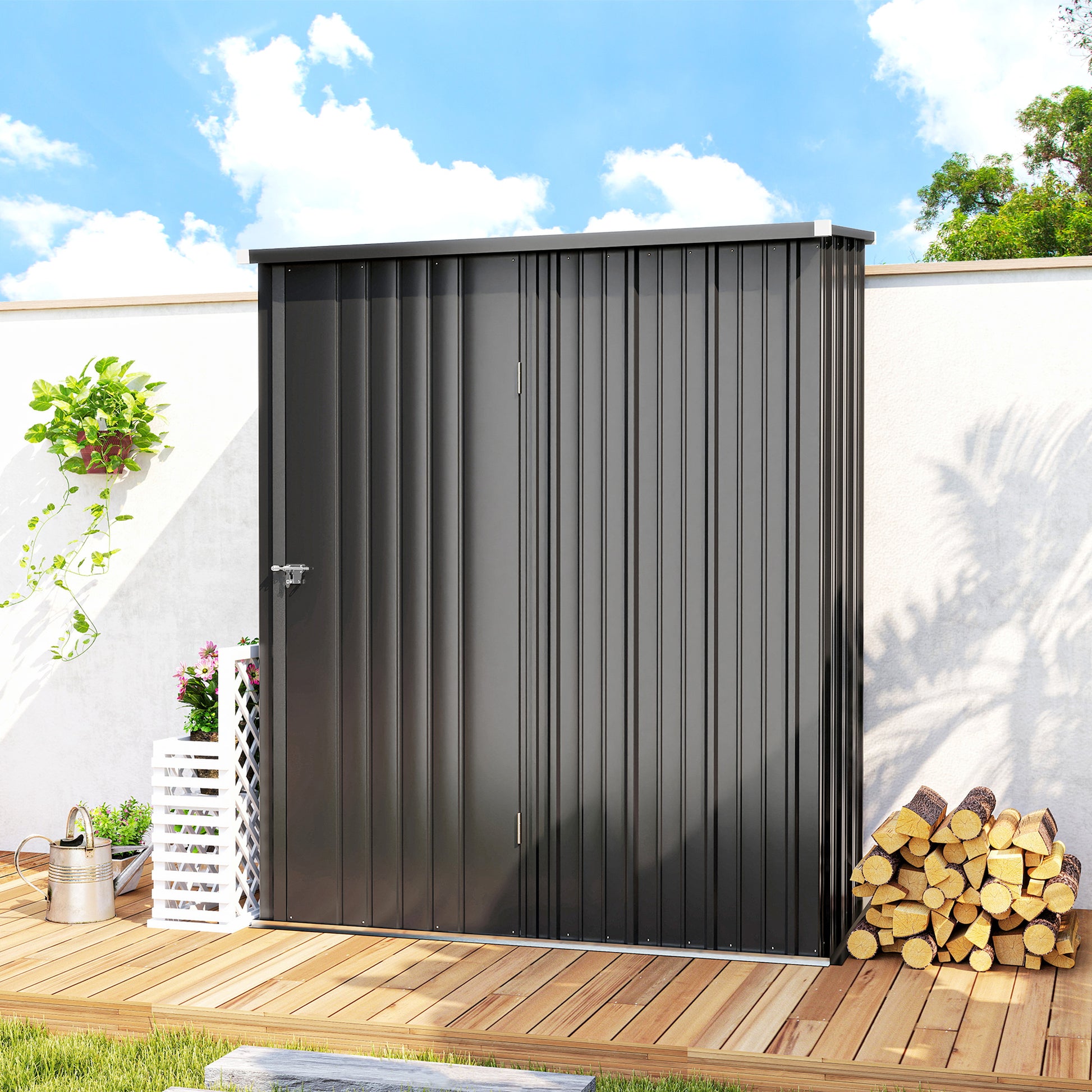 Outsunny Cobertizo de Jardín Exterior 1,34 m² 161,5x94,5x196 cm Caseta de Jardín Exterior Metálica con 1 Puerta y Cerradura para Almacenamiento de Herramientas para Patio Terraza Negro Carbón