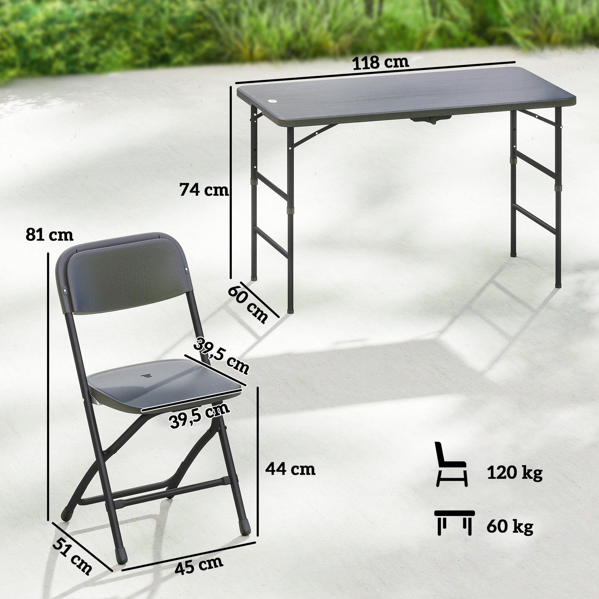 Outsunny Conjunto de Mesa y Sillas Jardín de 5 Piezas, Muebles de Jardín Exterior con Mesa Plegable Ajustable de 55 a 74 cm, 4 Sillas Plegables y Encimera de HDPE, para Terraza Patio, Gris Oscuro