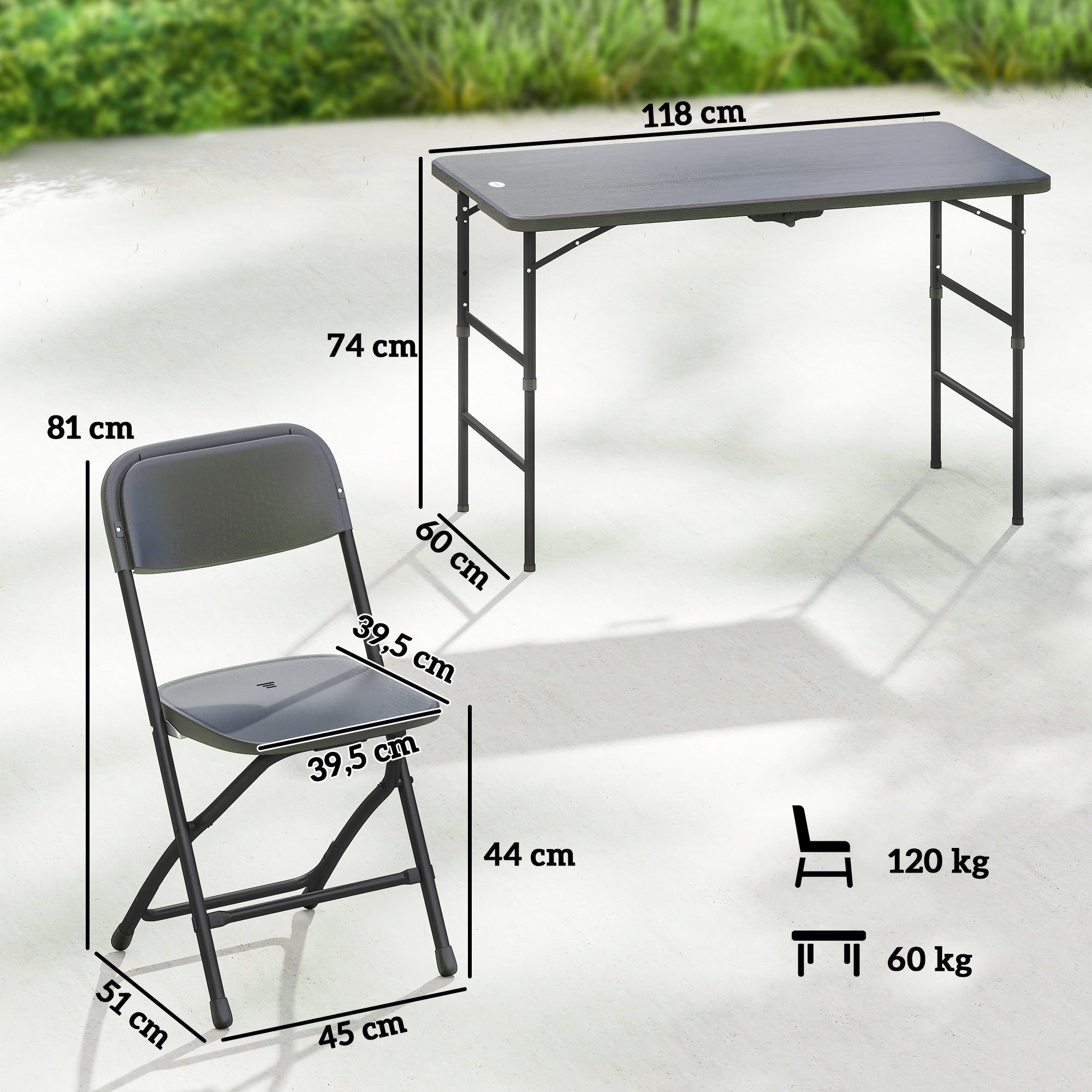 Outsunny Conjunto de Mesa y Sillas Jardín de 5 Piezas, Muebles de Jardín Exterior con Mesa Plegable Ajustable de 55 a 74 cm, 4 Sillas Plegables y Encimera de HDPE, para Terraza Patio, Gris Oscuro