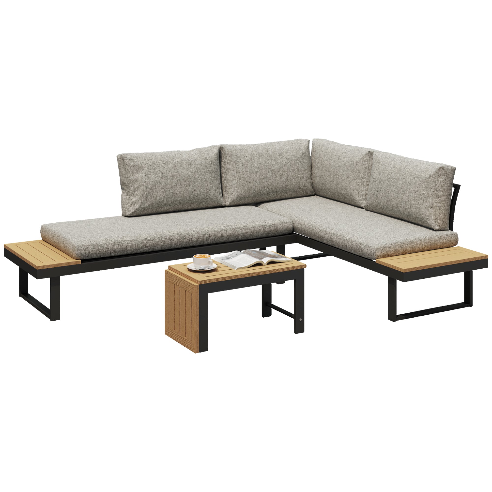 Outsunny Conjunto de Jardín Exterior de 3 Piezas, Sofá Exterior Seccional Resistente con 2 Sofás de 2 Plazas y Mesa de Centro Versátil, Estructura de Aluminio y Cojines, Gris Claro