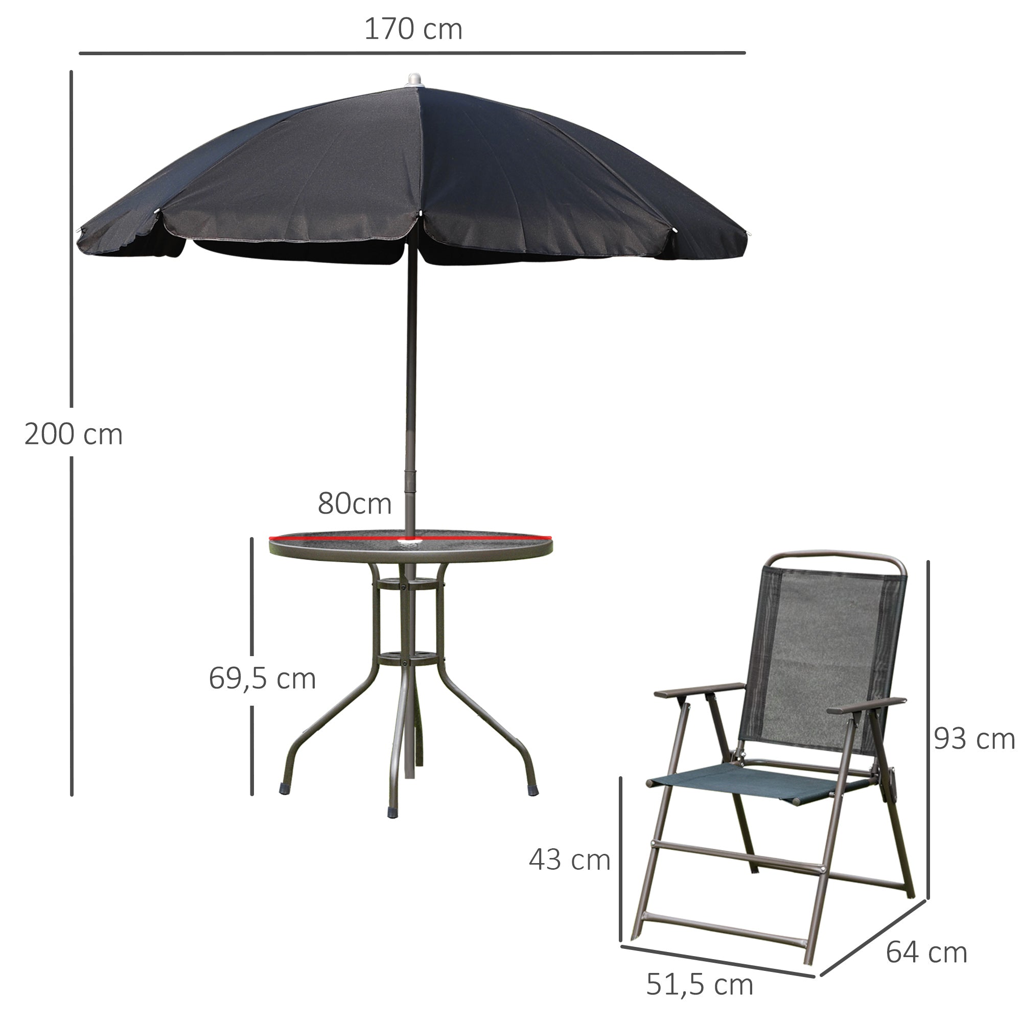 Outsunny Conjunto de Muebles para Jardín con 4 Sillas 1 Mesa y 1 Parasol Texteline Aluminio y Poliéster Negro