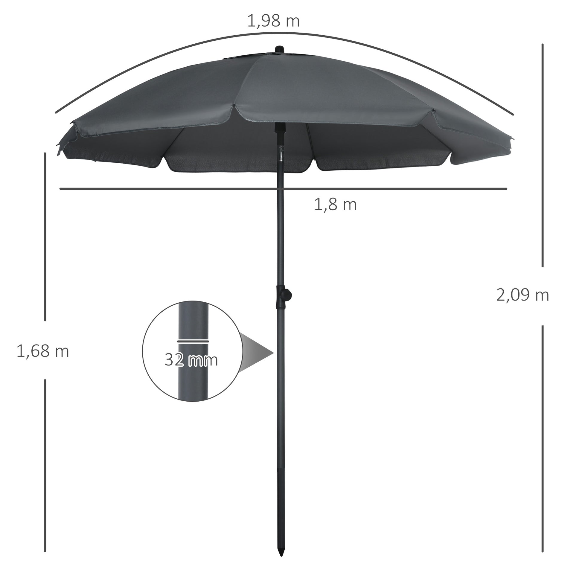 Outsunny Sombrilla de Playa Grande Ø180 cm Sombrilla de Terraza Exterior con Ángulo Ajustable Protección UV50+ Impermeable Mástil de Ø32 mm Gris Oscuro