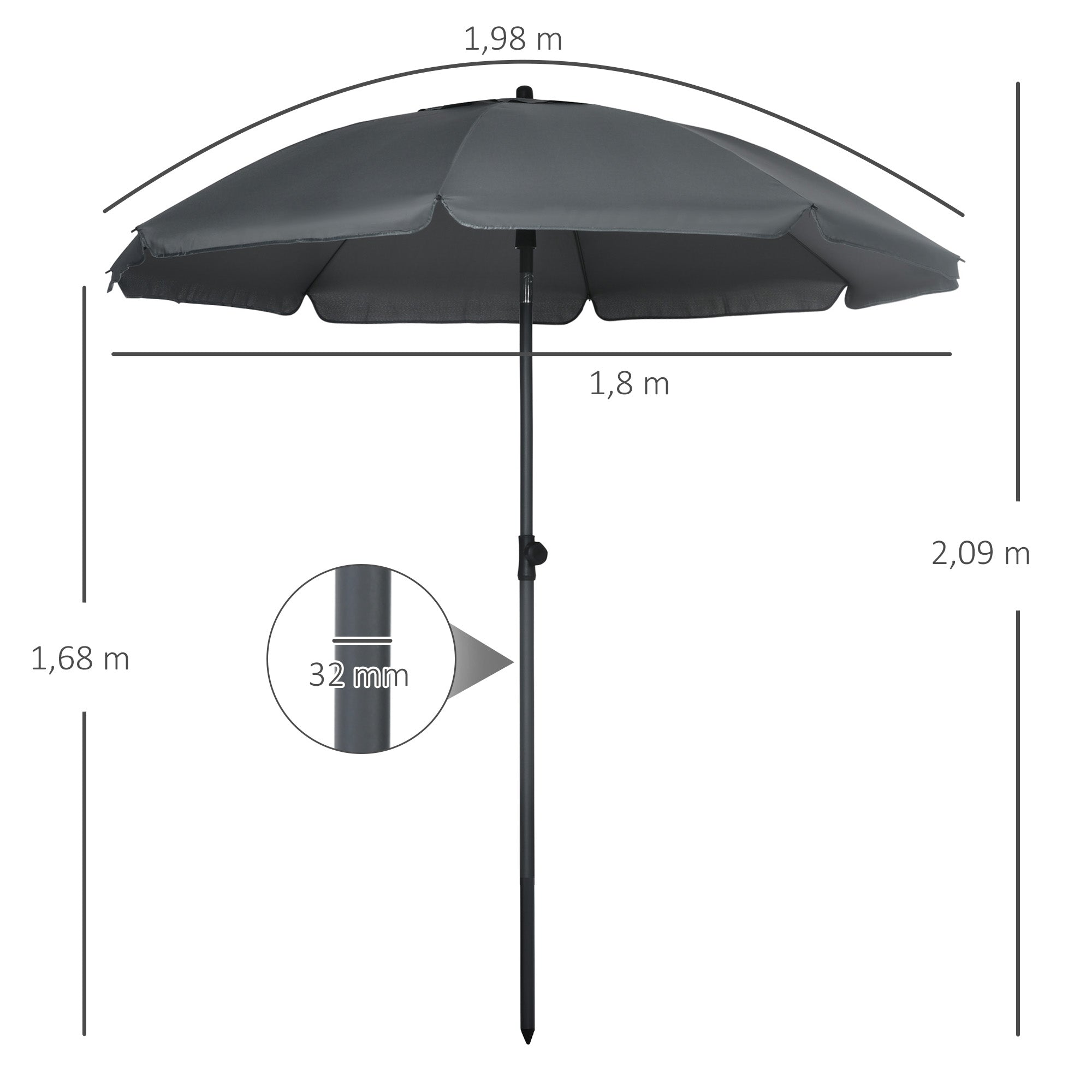 Outsunny Sombrilla de Playa Grande Ø180 cm Sombrilla de Terraza Exterior con Ángulo Ajustable Protección UV50+ Impermeable Mástil de Ø32 mm Gris Oscuro
