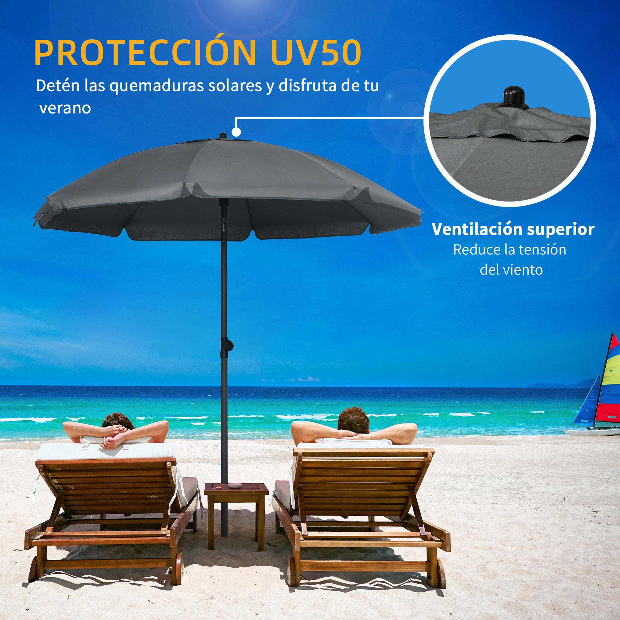 Outsunny Sombrilla de Playa Grande Ø180 cm Sombrilla de Terraza Exterior con Ángulo Ajustable Protección UV50+ Impermeable Mástil de Ø32 mm Gris Oscuro