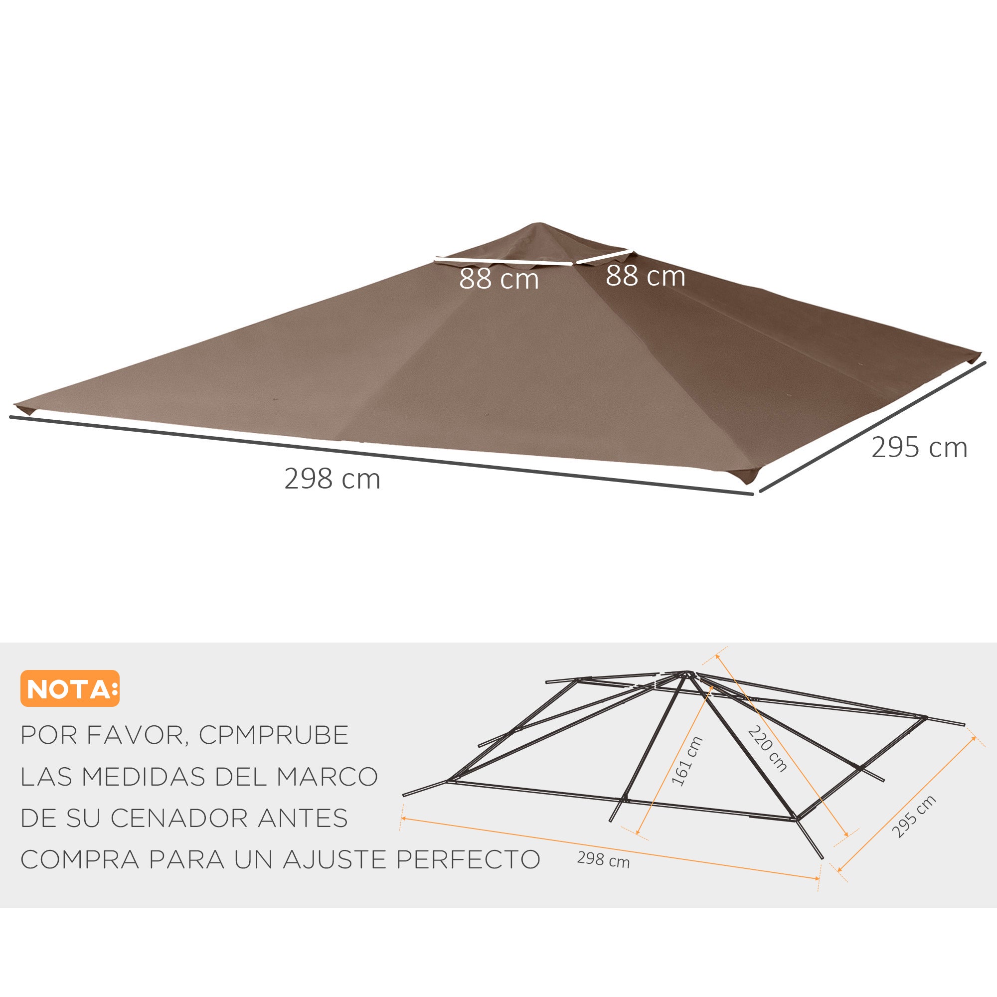 Outsunny Techo de Repuesto 300x300 cm para Cenador de Jardín Cubierta de Repuesto de Gazebo Pabellón Exterior con 8 Orificios de Drenaje y Ventilación Café