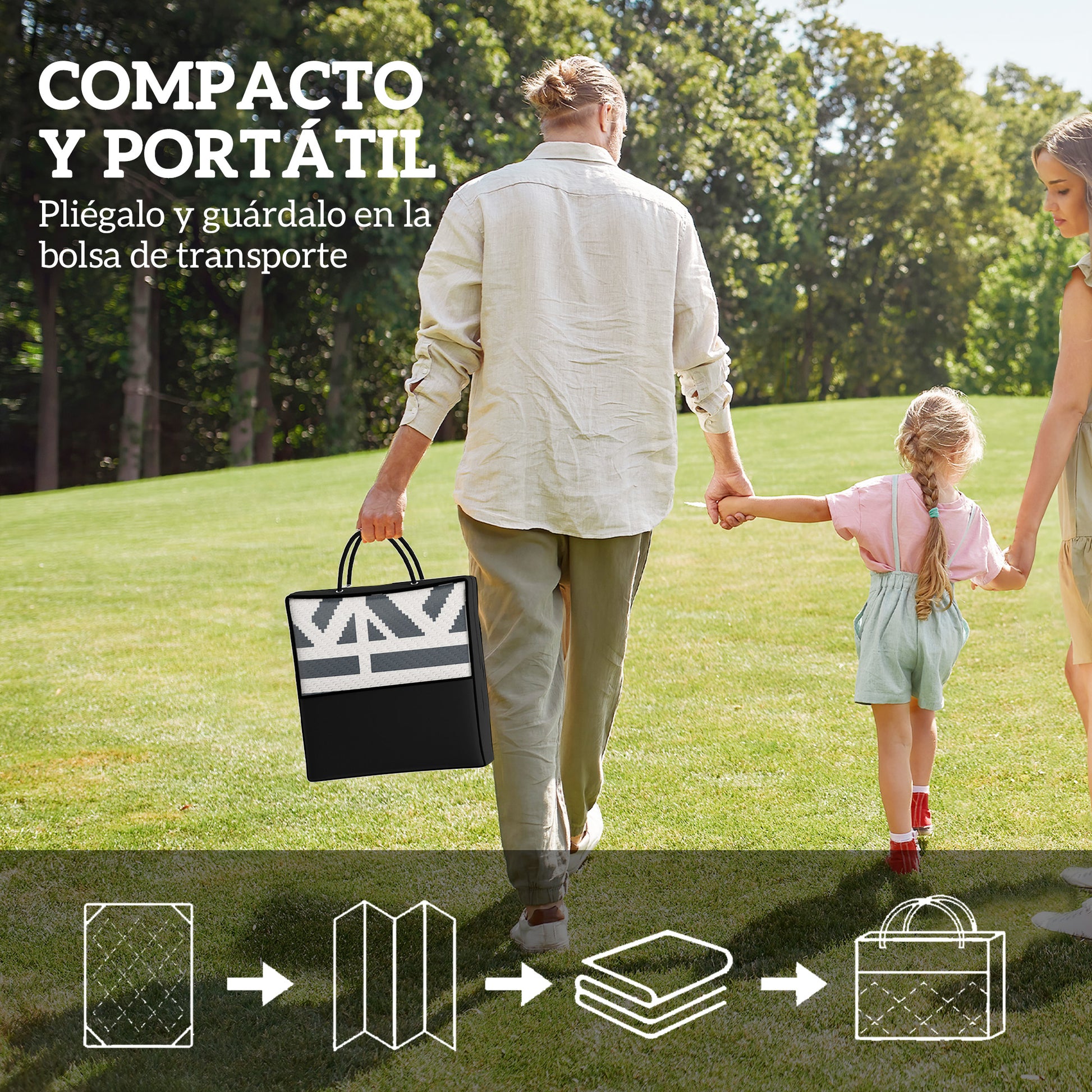 Outsunny Alfombra de Exterior 182x274 cm Alfombra Reversible con Patrón de Geométrico de Cenefa Impermeable Bolsa de Transporte para Terraza Balcón Patio Camping Playa Gris Oscuro