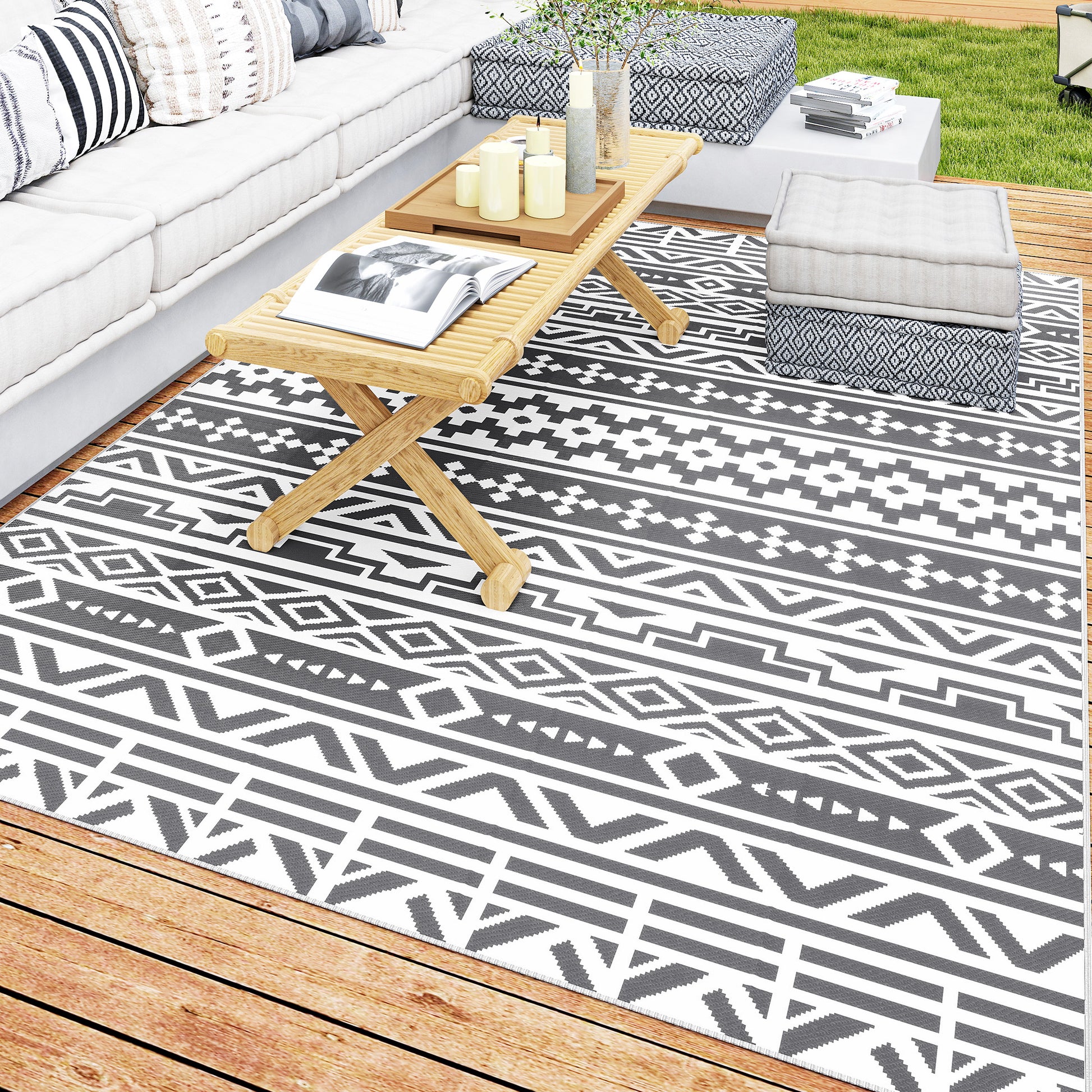 Outsunny Alfombra de Exterior 182x274 cm Alfombra Reversible con Patrón de Geométrico de Cenefa Impermeable Bolsa de Transporte para Terraza Balcón Patio Camping Playa Gris Oscuro