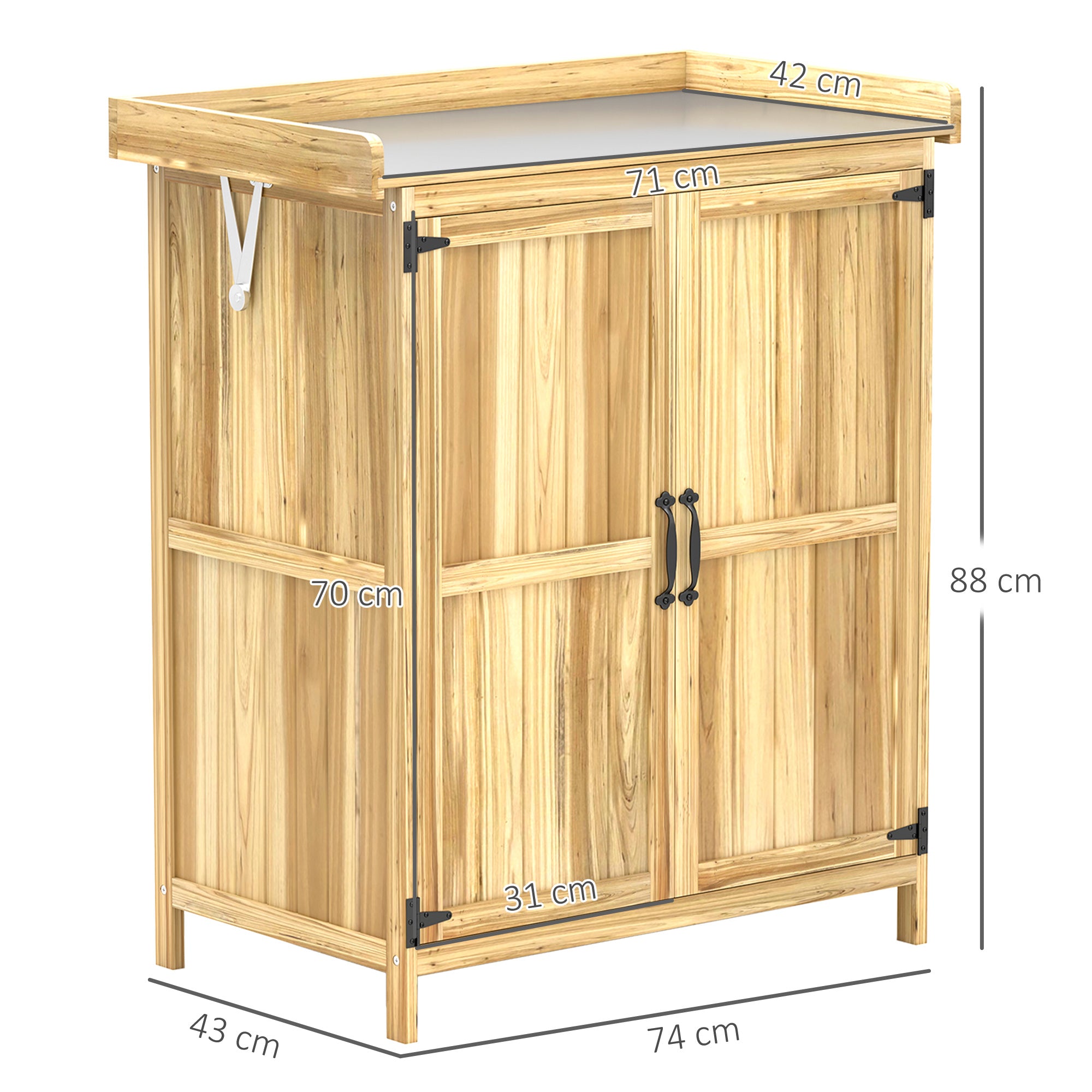 Outsunny Armario de Exterior de Madera, Caseta de Jardín Exterior con Techo Abatible de Acero Inoxidable, Estante, 2 Puertas, Cobertizo de Jardín para Almacenamiento Herramientas, 74x43x88 cm, Natural