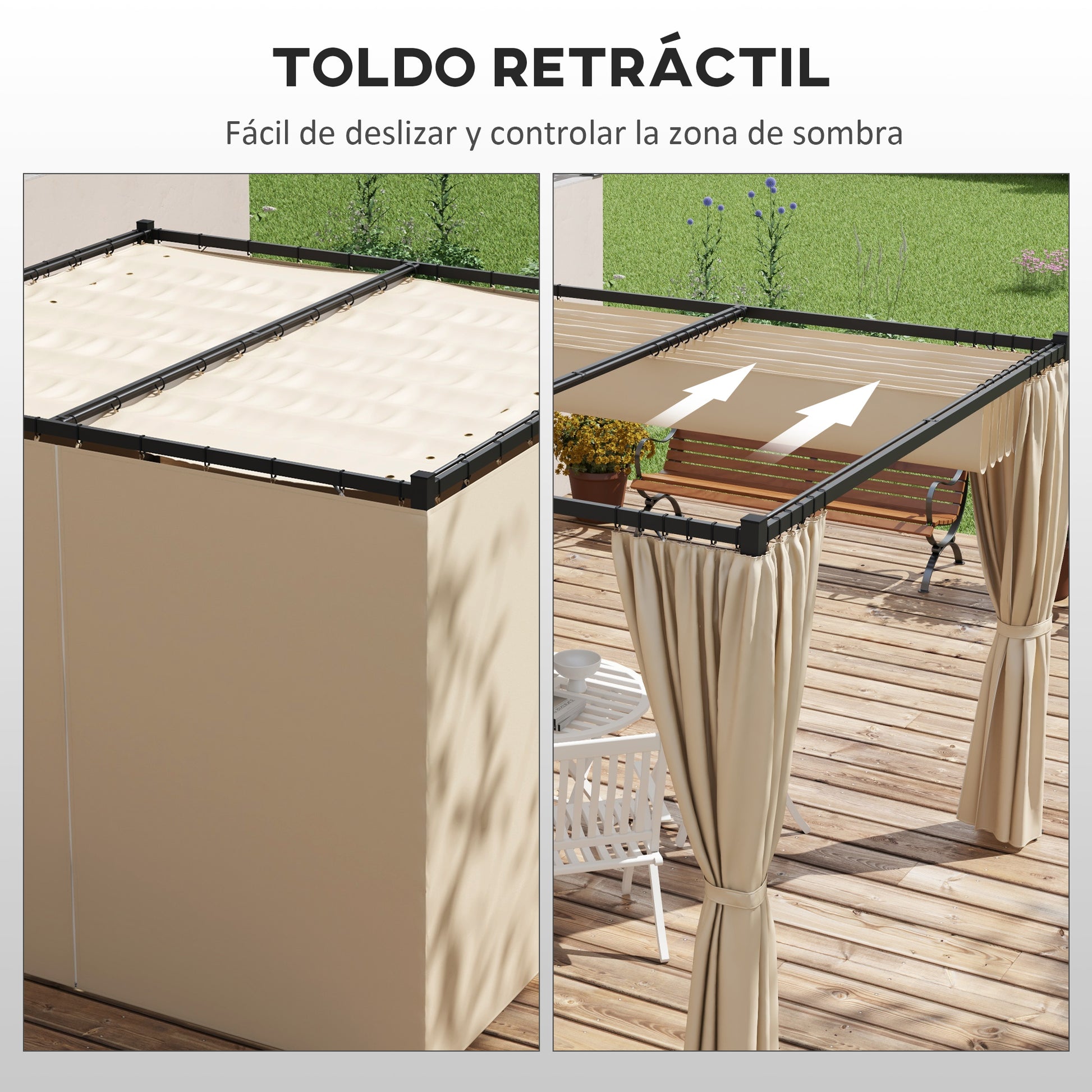Outsunny Pérgola con Techo Retráctil Pérgola de Jardín 3x3 m Cenador con Paredes Laterales Tela de Poliéster Resistente al Agua Pabellón para Jardín Patio Terraza Exterior Beige