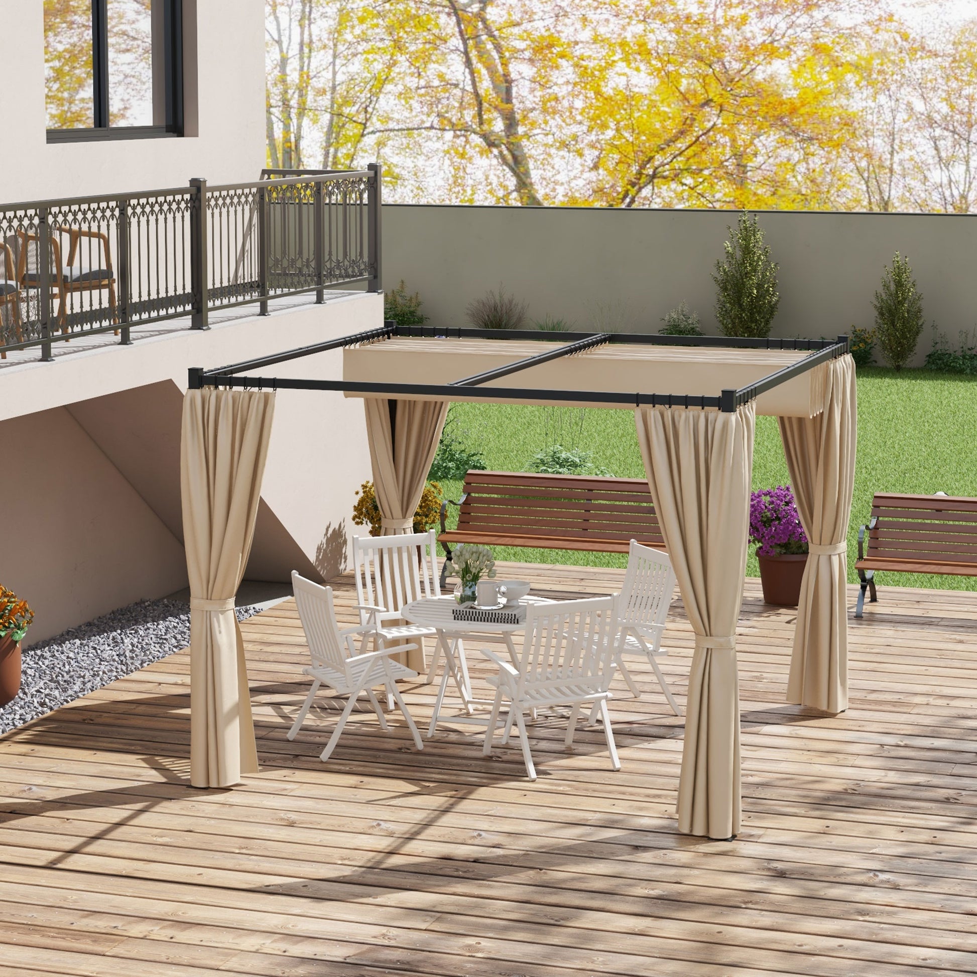 Outsunny Pérgola con Techo Retráctil Pérgola de Jardín 3x3 m Cenador con Paredes Laterales Tela de Poliéster Resistente al Agua Pabellón para Jardín Patio Terraza Exterior Beige