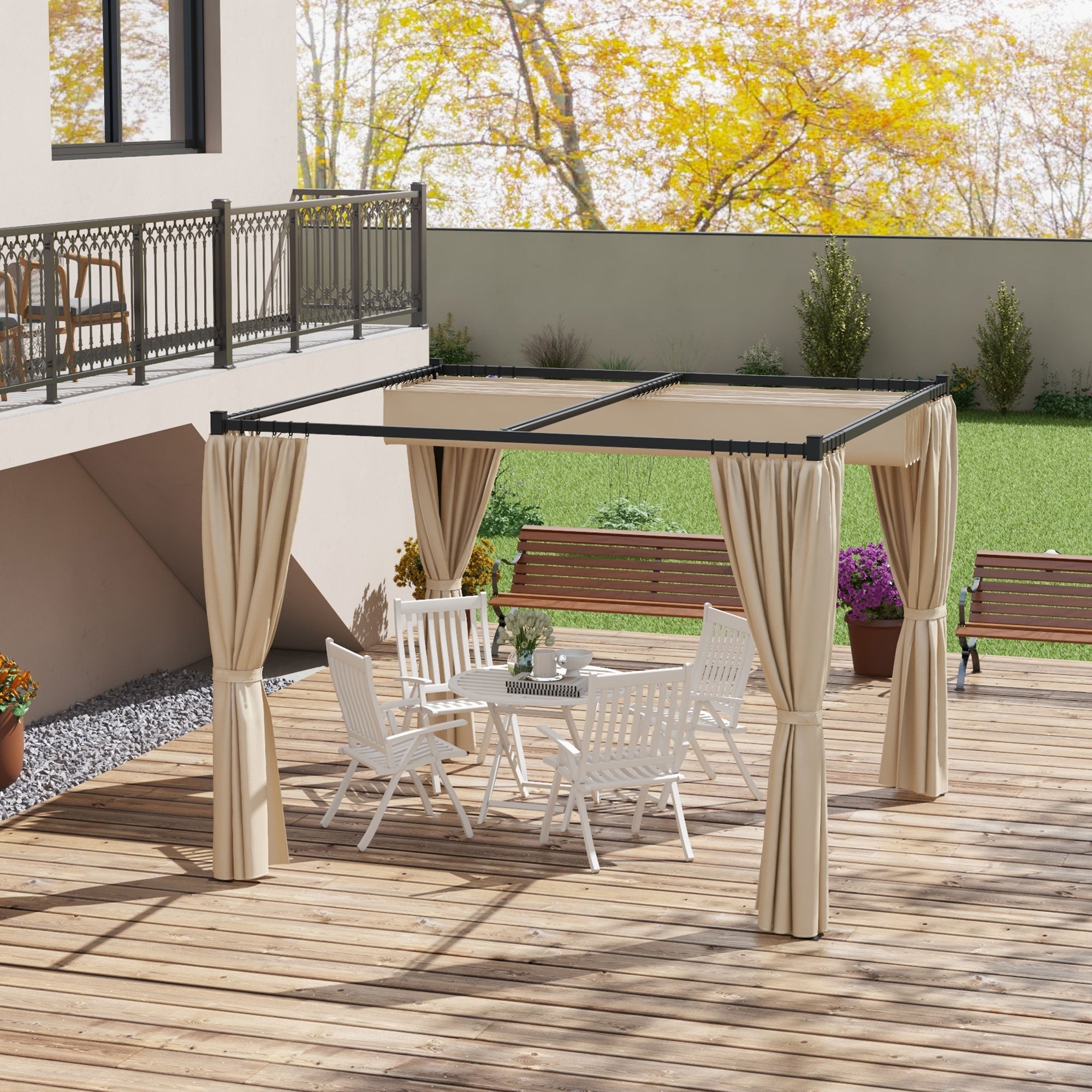 Outsunny Pérgola con Techo Retráctil Pérgola de Jardín 3x3 m Cenador con Paredes Laterales Tela de Poliéster Resistente al Agua Pabellón para Jardín Patio Terraza Exterior Beige