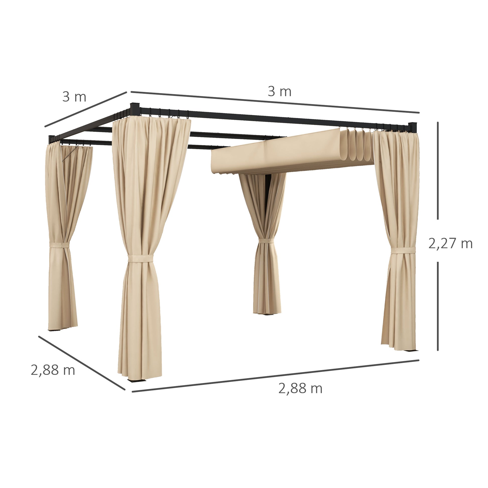 Outsunny Pérgola con Techo Retráctil Pérgola de Jardín 3x3 m Cenador con Paredes Laterales Tela de Poliéster Resistente al Agua Pabellón para Jardín Patio Terraza Exterior Beige