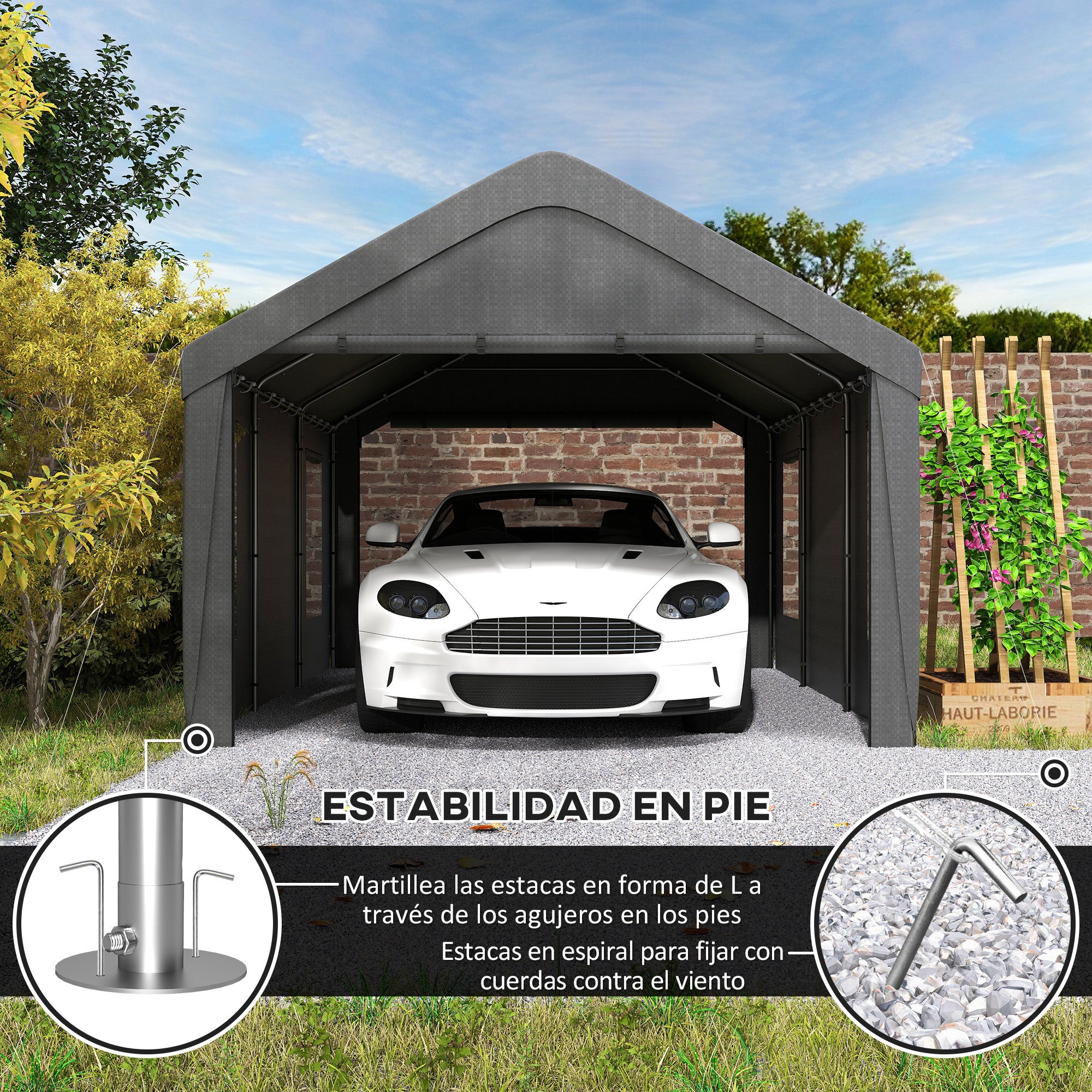Outsunny Carpa Garaje Portátil 6x3,6 m, Garaje Exterior para Coche Impermeable, Cobertizo de Almacenamiento Anti-UV, con Paredes Laterales Desmontables y 2 Puertas con Cremallera, para Coche, Gris