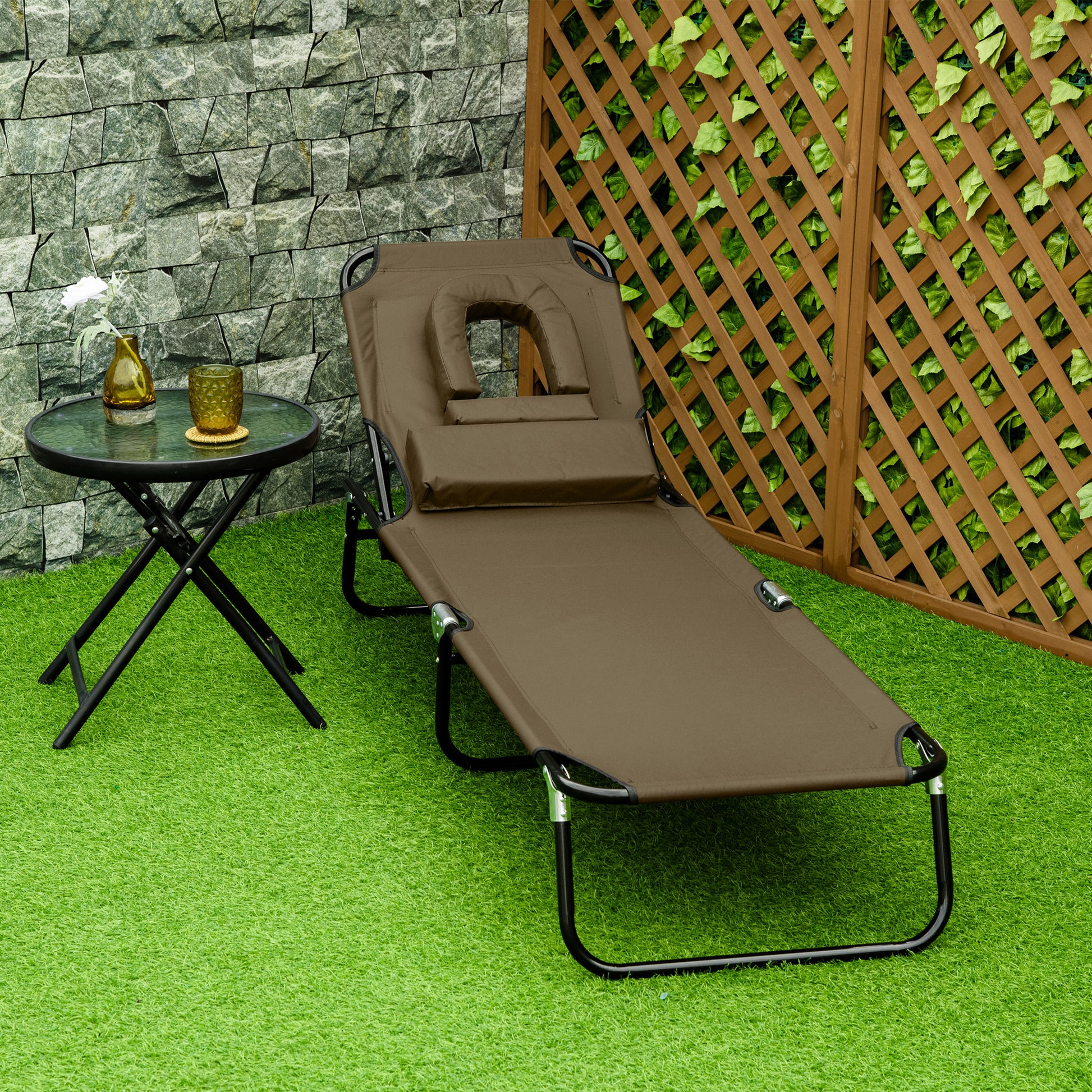 Outsunny Tumbona Plegable con Respaldo Regulable en 4 Posiciones Tumbona de Jardín con Orificio de Lectura Almohada Marco Metálico y Tela Oxford para Playa Terraza Carga 120 kg 190x56x28 cm Marrón