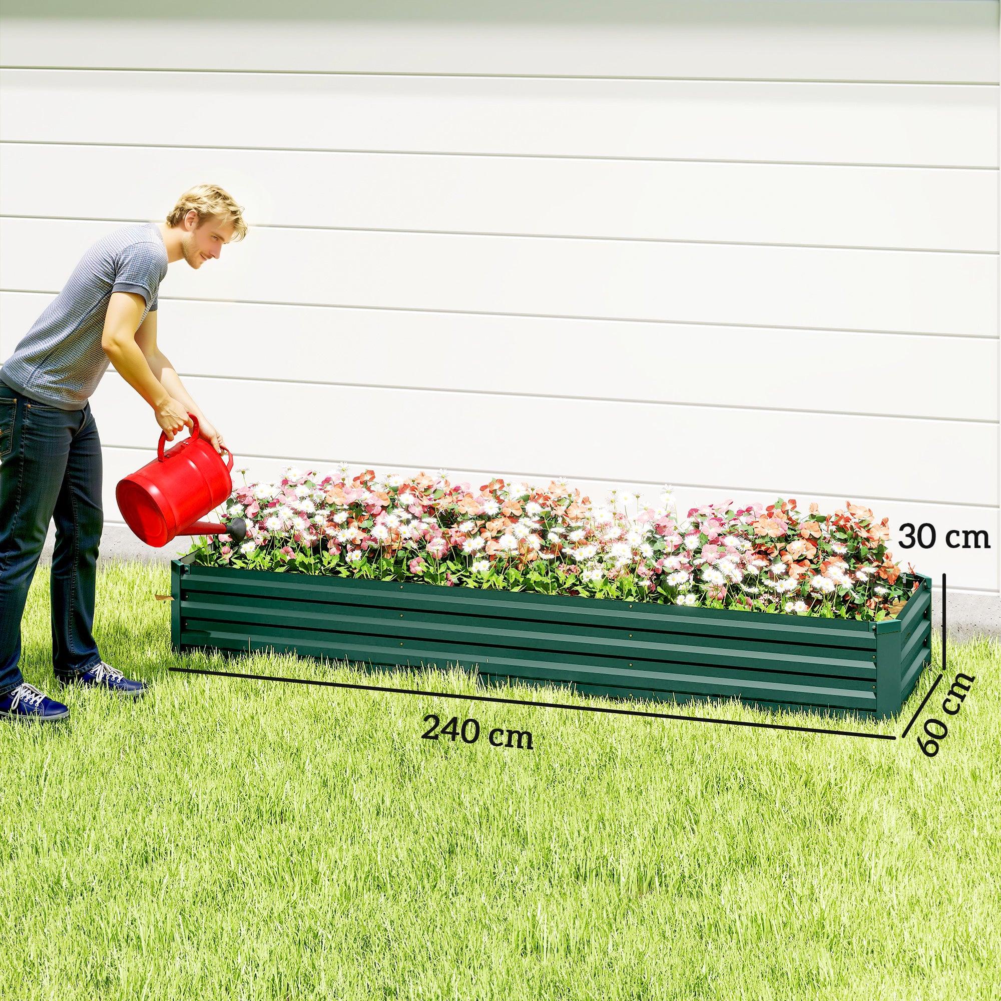Outsunny Jardinera Exterior Grande Rectangular de Acero Galvanizado, Huerto Urbano para Cultivar Plantas Hierba, Macetero Grande Exterior con Base Abierta Resistente a la Intemperie 240x60x30 cm Verde