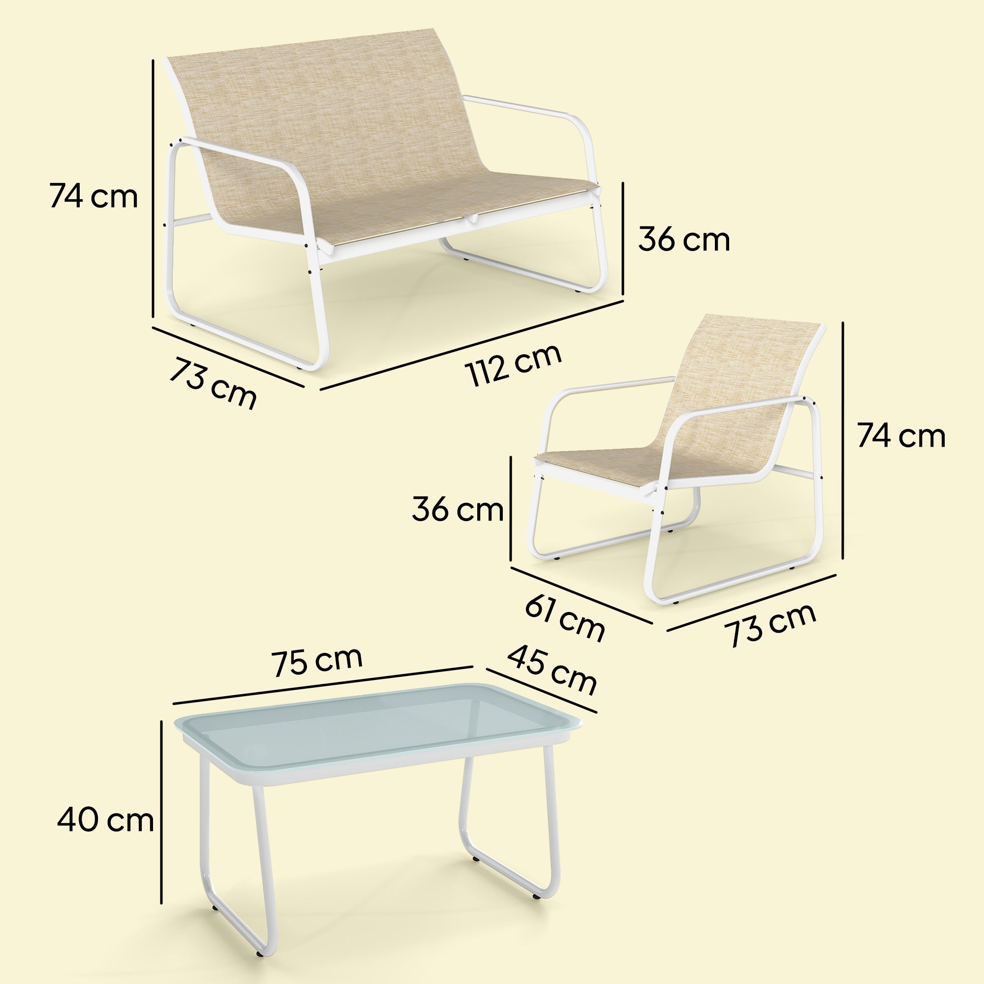 Outsunny Conjunto Jardín Exterior de 4 Piezas, Muebles Jardín Exterior con Sofá de 2 Plazas, 2 Sillones, Mesa de Vidrio Templado, Tela de Textilene Transpirable, Estructura de Acero, Caqui